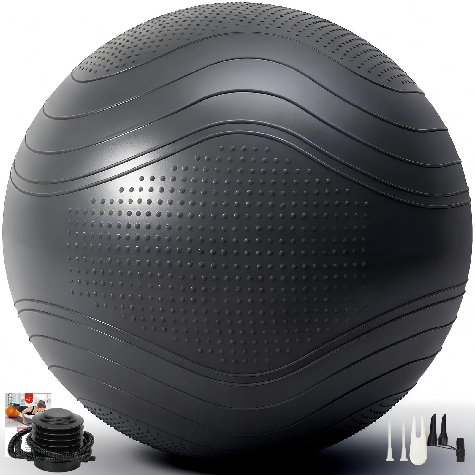 Gruper Yoga Ball, Multiple Sizes Non Slip Exercise Ball for Workout, Birthing, Balance, Stability, Pregnancy, 2200LB Capacity, Anti Burst Chair for