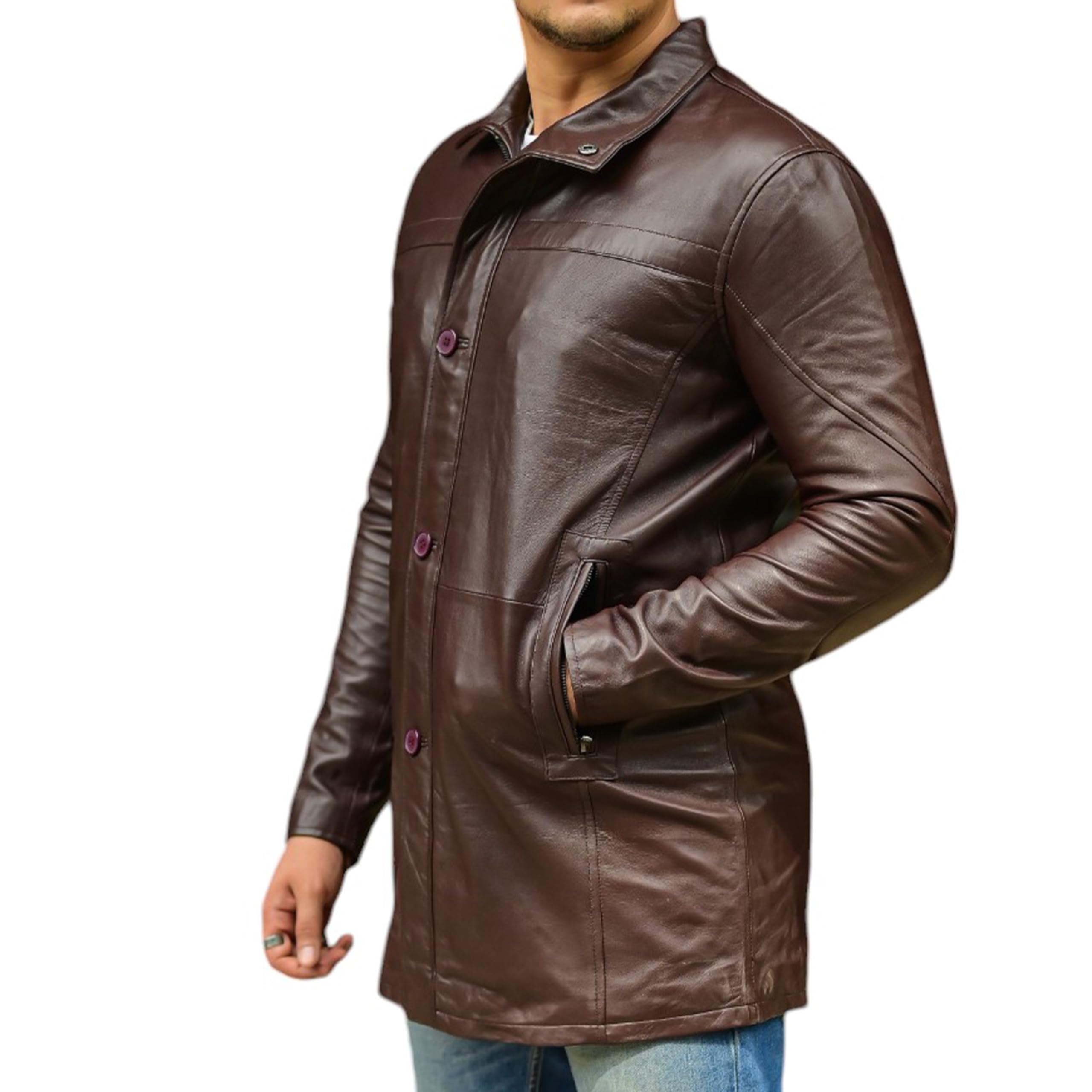 Jild Leather Trench Coat Men - 3/4 Length Casual Car Coat Style Lambskin Long Leather Jacket Men