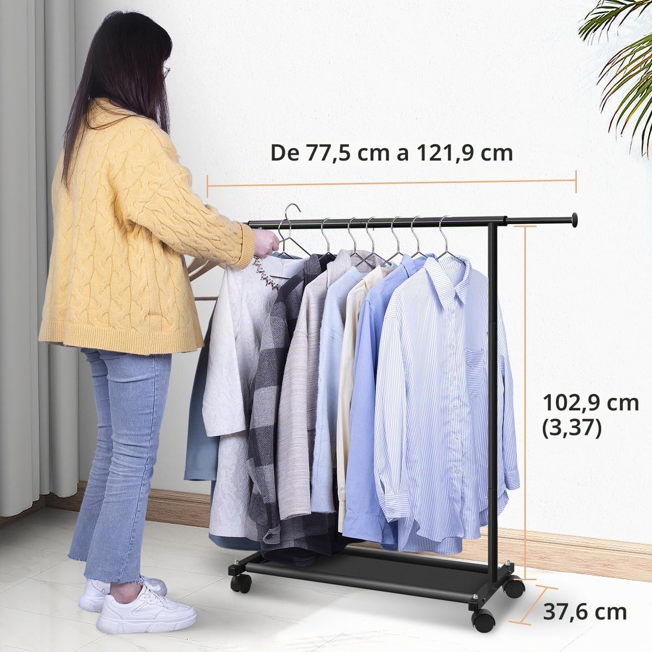 MISSLO Perchero corto para colgar ropa con estantes inferiores y ruedas, perchero resistente con ruedas para abrigos de adultos, armario, armario (negro)