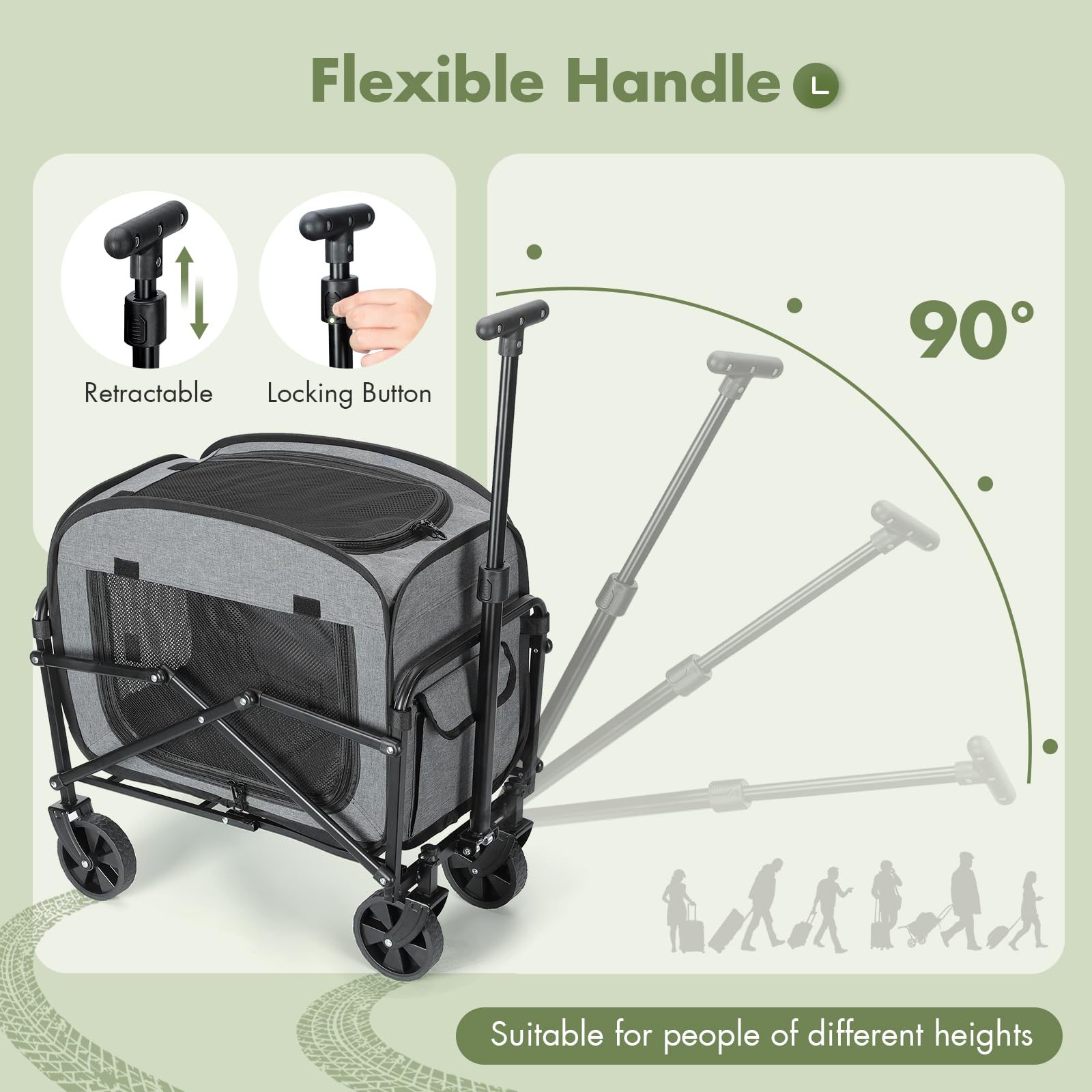 Transportador de perros con ruedas, carrito grande para perros y gatos, 18 kg, carro para mascotas con ruedas grandes todo terreno (gris)