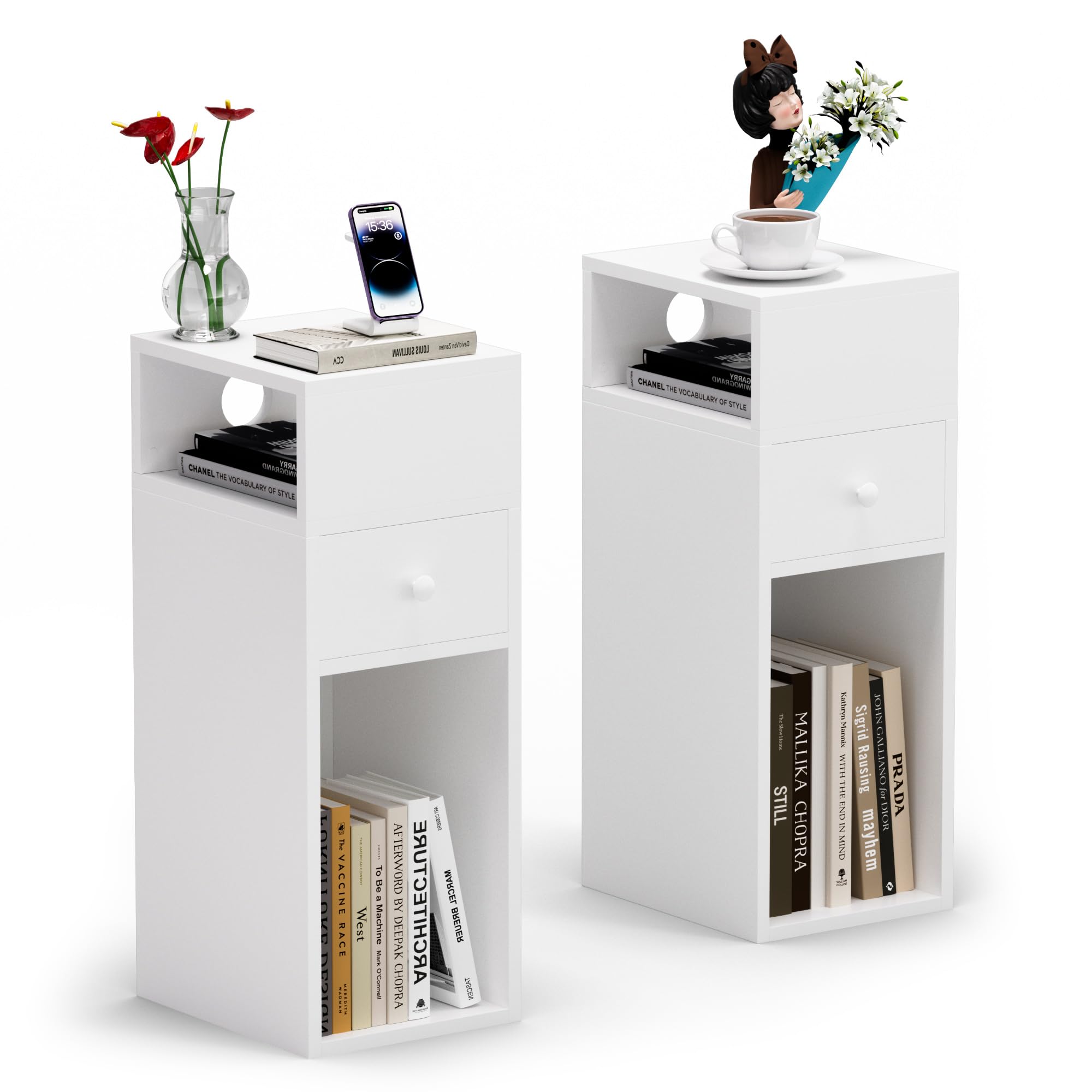 VOUNOTยฎ Slim Bedside Table Set of 2, Narrow Wood Bedside Cabinet with Drawer and Open Shelf, Small Bedside Unit, Thin Nightstand for Bedroom, Living Room, White