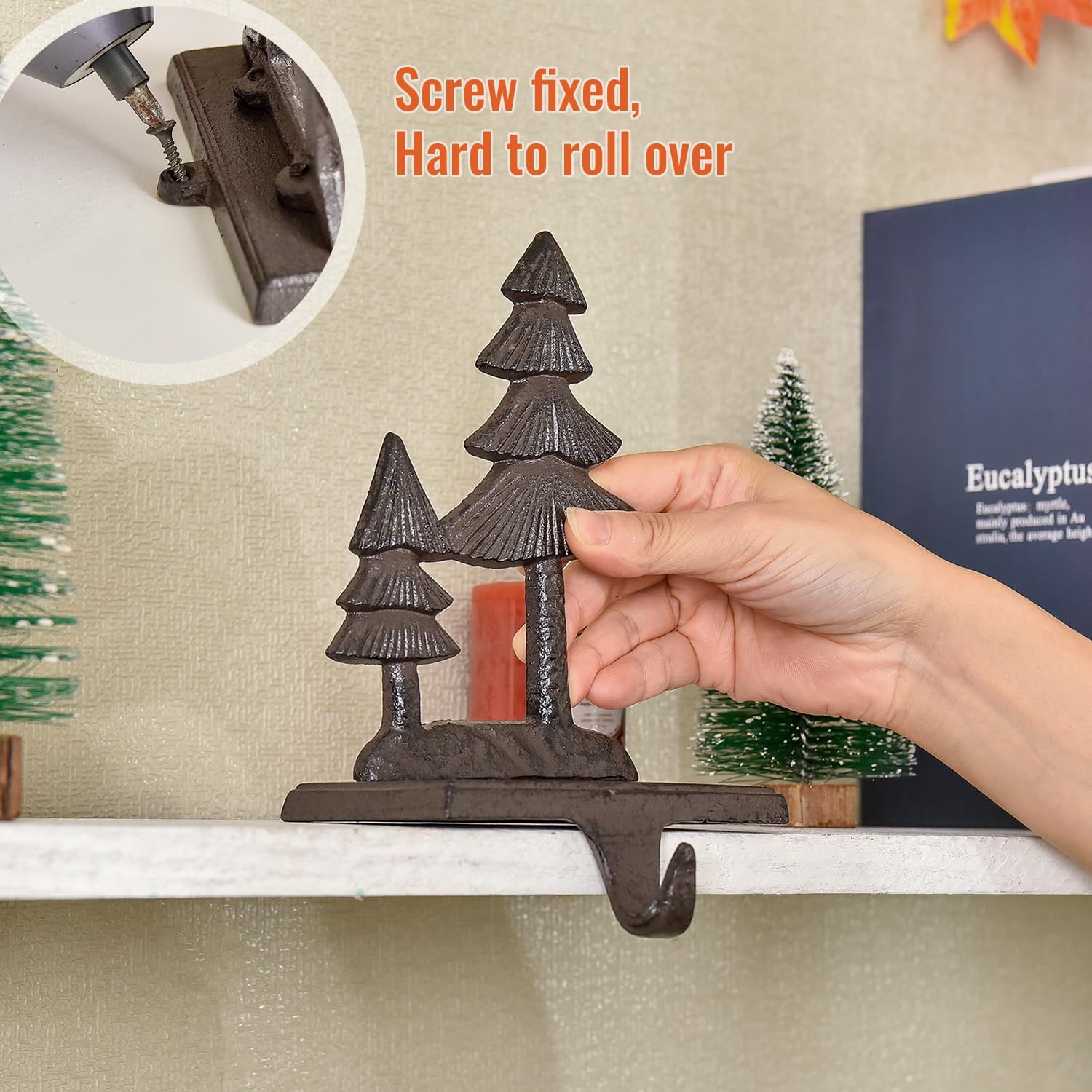 Sungmor Christmas Stocking Holders, 2PC Cast Iron Mantel Hooks Home Decor Holiday Gifts, Heavy-Duty Anti-Slip Fireplace Hangers, Christmas Tree Reindeer Pattern Hooks for Xmas Shelf Topper Decoration