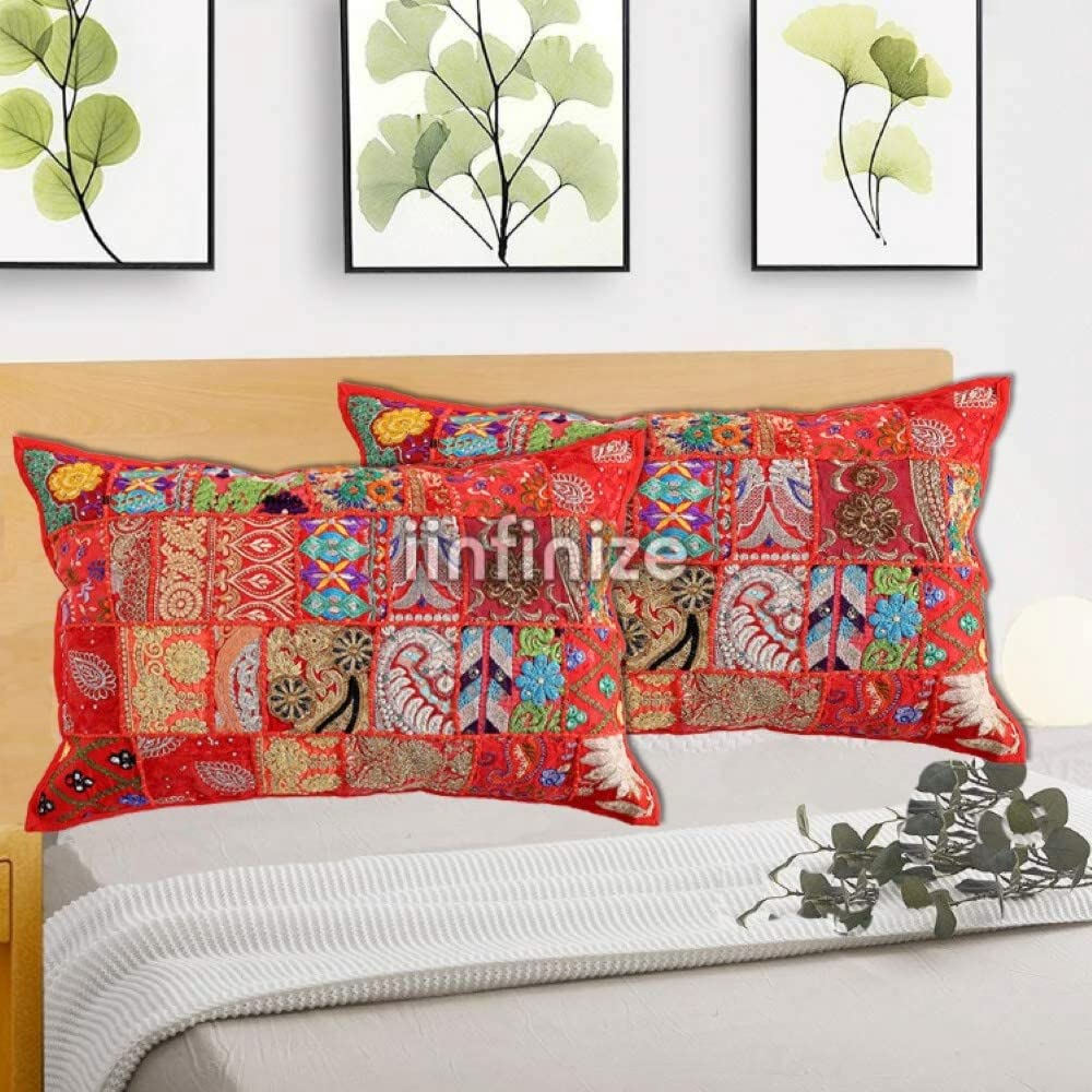 Cotton Embroidery 2 Pcs Set Banjara Cushion Cover Patahwork Khambadiya Rajasthani Pillow Cases for Home Decor for Sofa | Chair|Bench|Couch|Swing|Car Back Rest (16x24 in, Red)