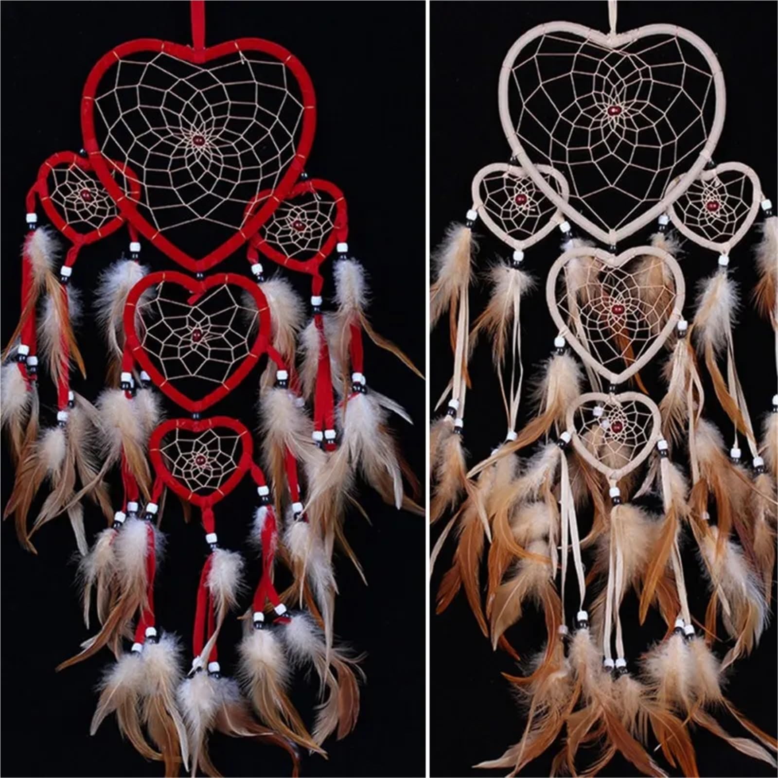Atrapasueños Campana de Viento atrapasueños Grande, en Forma corazón, Colgante Pared del Dormitorio, Adorno Plumas, artesanías Tejidas a Mano, 2 uds(Red Coffee)