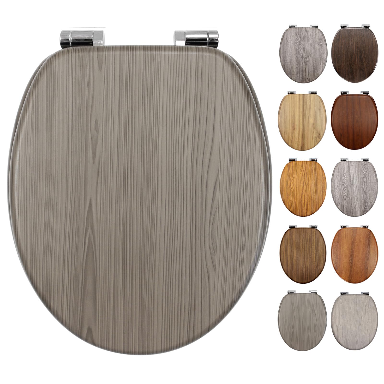 Fanmitrk Standard Wooden Toilet Seat Soft Close, MDF Adjustable Hinges with Bottom Fixture,Easy to Clean and Install for Bathroom (BLG31302-01)