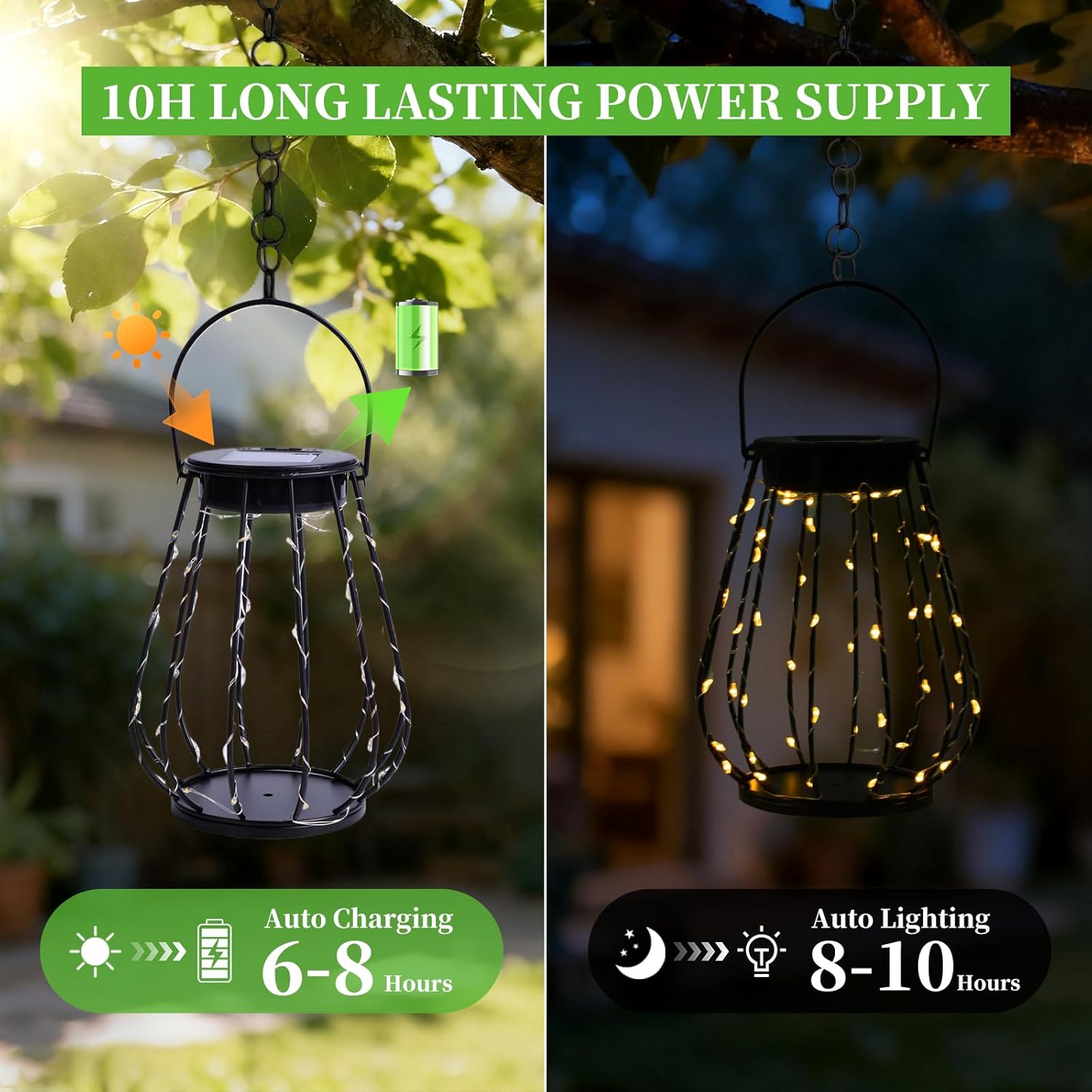 Solar Hanging Lantern Outdoor 2 Pack, Metal Cage Solar Lanterns with Warm White LED Lights, Waterproof Solar Powered Garden Decor Lights for Patio, Porch, Balcony, Yard, Outdoor Gifts