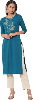 Women's Regular Fit Flex Linen Embroidered Straight Kurta