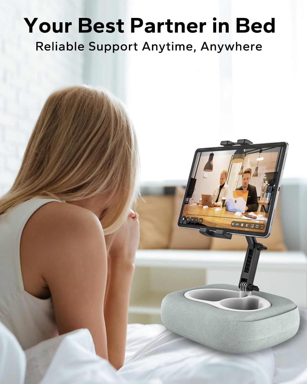Tablet Pillow Stand, iPad Pillow Holder Compatible with 4.7"-13" Phone/Tablet, Kindle, Samsung, 360° Adjustable Tablet Holder for Bed, Lap, Sofa, with Soft Plush Fabric and Detachable Bowl, Gray
