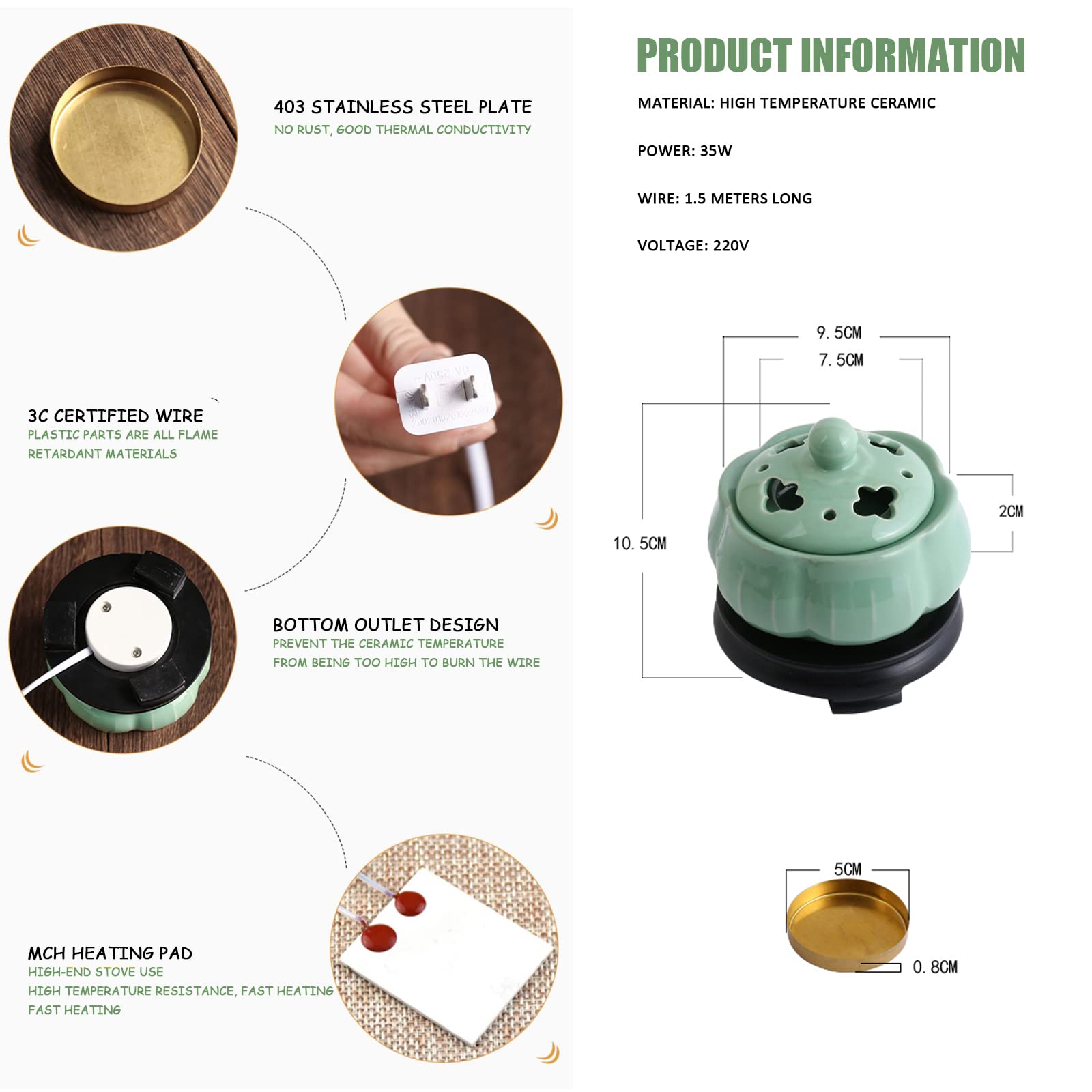 MIQXUAN Diffusore di Oli Essenziali,Forno per aromaterapia in Ceramica con Temperatura Regolabile,Resina di incenso di Legno di agar Home Office Camera da Letto Aromaterapia Regalo e Decorazione