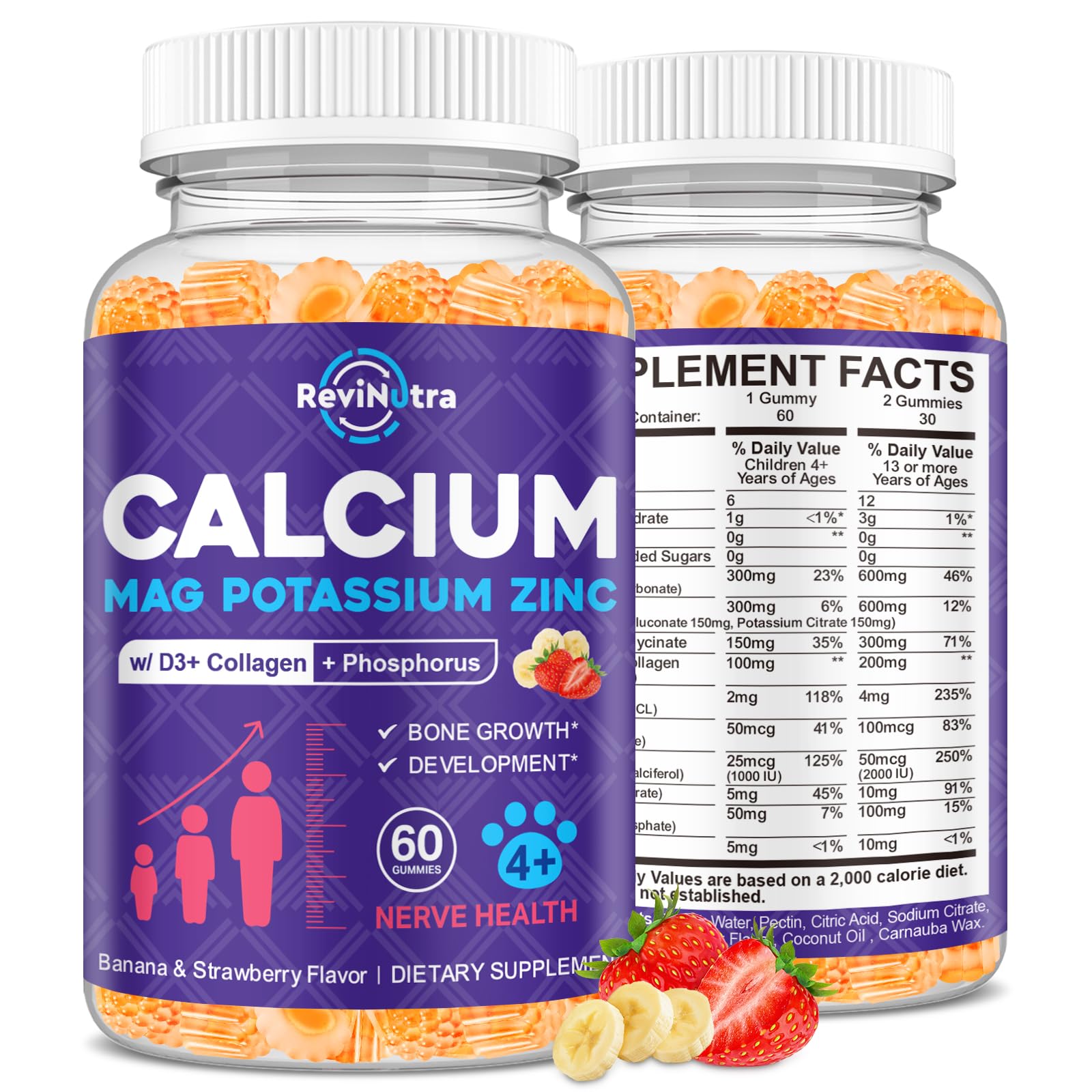 Calcium Potassium Magnesium Gummies for Kids & Adults, Magnesium Potassium Calcium Supplement for Kids, Sleep, Bone Strength, Density Support, Sugar Free, Juice Banana & Strawberry Flavor, 60 Gummies Banana & Strawberry 60 Count (Pack of 1)