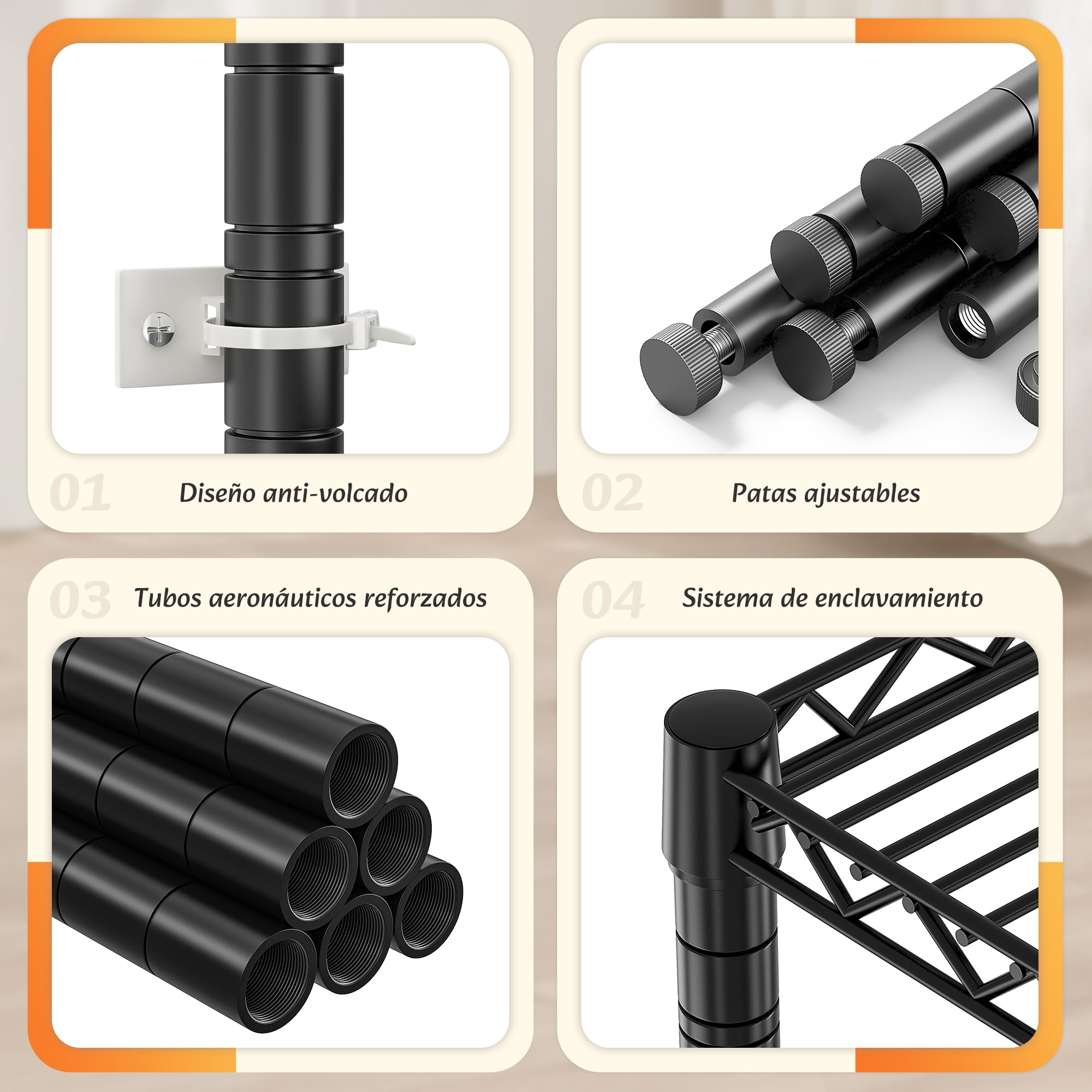 Burro ropa resistente, Armarios dormitorio metálico con 3 estantes regulables en altura, 2 barras para ropa y 4 ganchos, 200 KG de carga, 80x40x194,5 cm, Perchero burro ropa, Negro