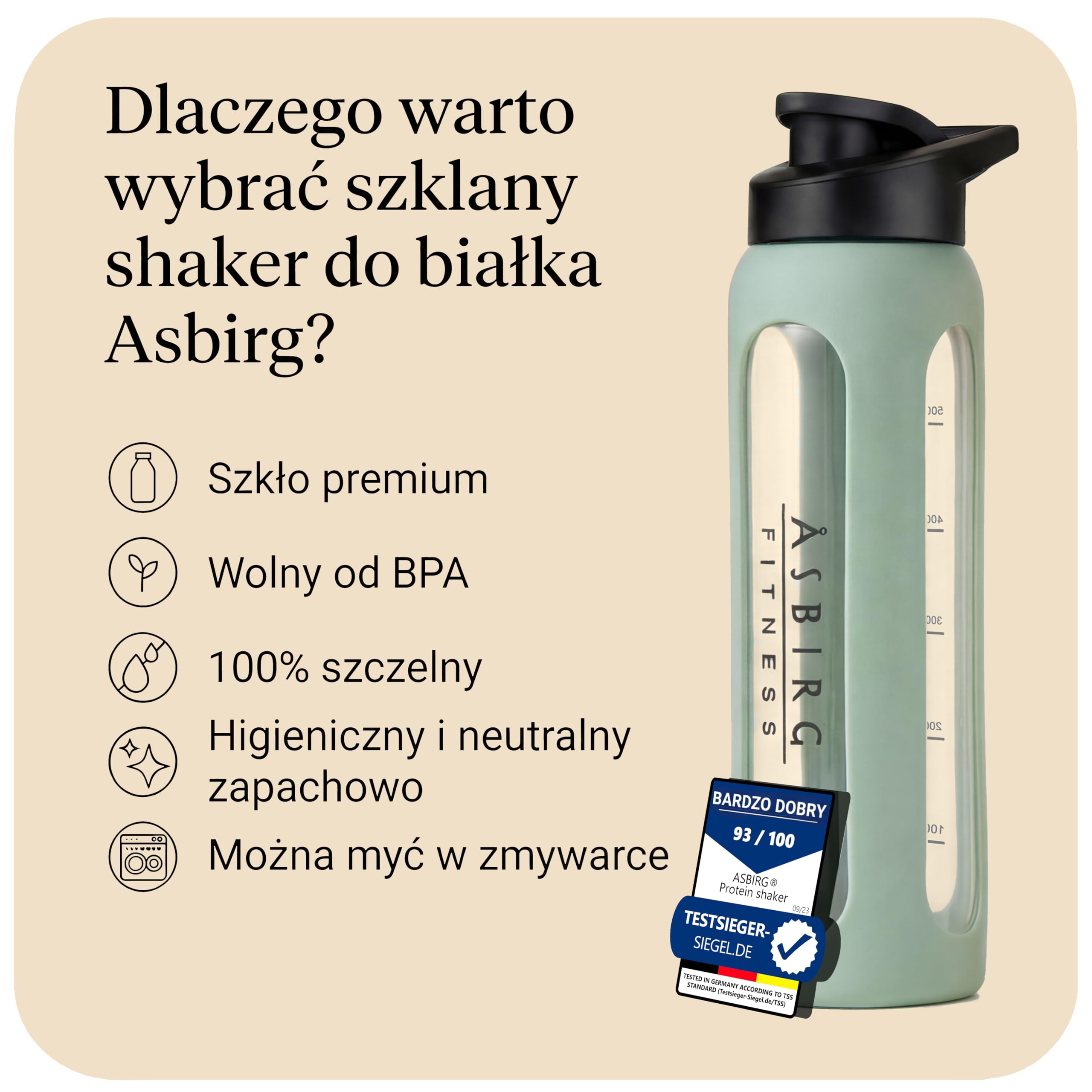 Fitness | Szklany shaker do białka 700 ml – butelka sportowa z silikonową osłonką, szczelna pokrywka i kulka miksująca ze stali nierdzewnej | Pastelowa Zieleń