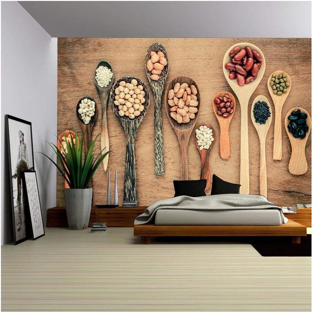 wall26 - Assortment of Beans and Lentils in Wooden Spoon on Teak Wood Background. - Removable Wall Mural | Self-Adhesive Large Wallpaper - 100x144 inches