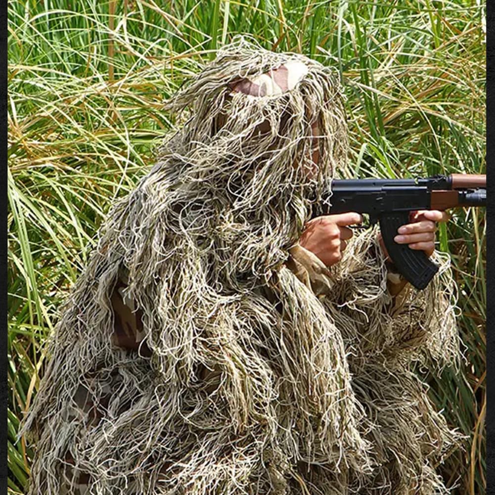 3D Ghillie Tarnanzug Camouflage Anzug 4-teilige Set mit Tasche Jagdbekleidung Woodland Tarnkleidung Scharfschützenanzug für Jagd Verdeckt Fotografie Halloween Hoax