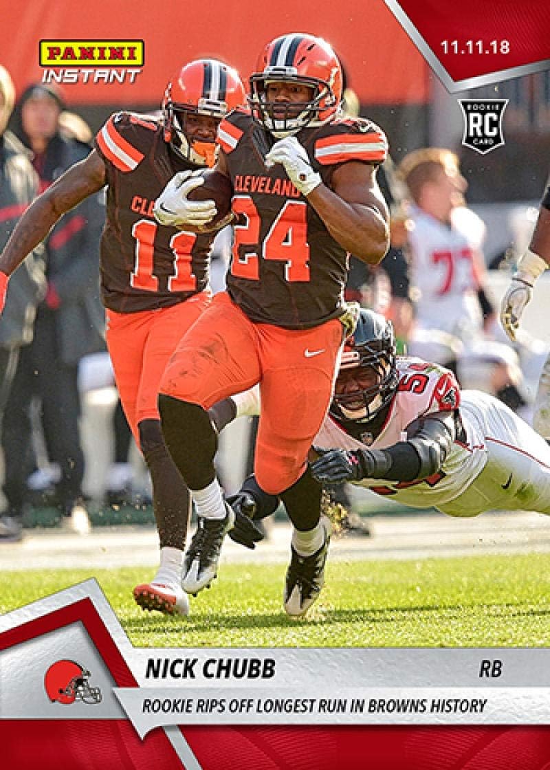2018 Panini Instant NFL Football #90 Nick Chubb RC Rookie Rips Off Longest Run in Cleveland Browns History Print Run 103 Official Trading Card SOLD O