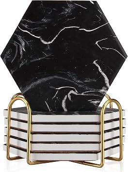 6 Pcs Cool Black Marble Coasters With Holder - Hexagon Absorbent Modern Ceramic Set - Best Stone Drink Coasters for Beverage, Coffee Table, Cup, Bar