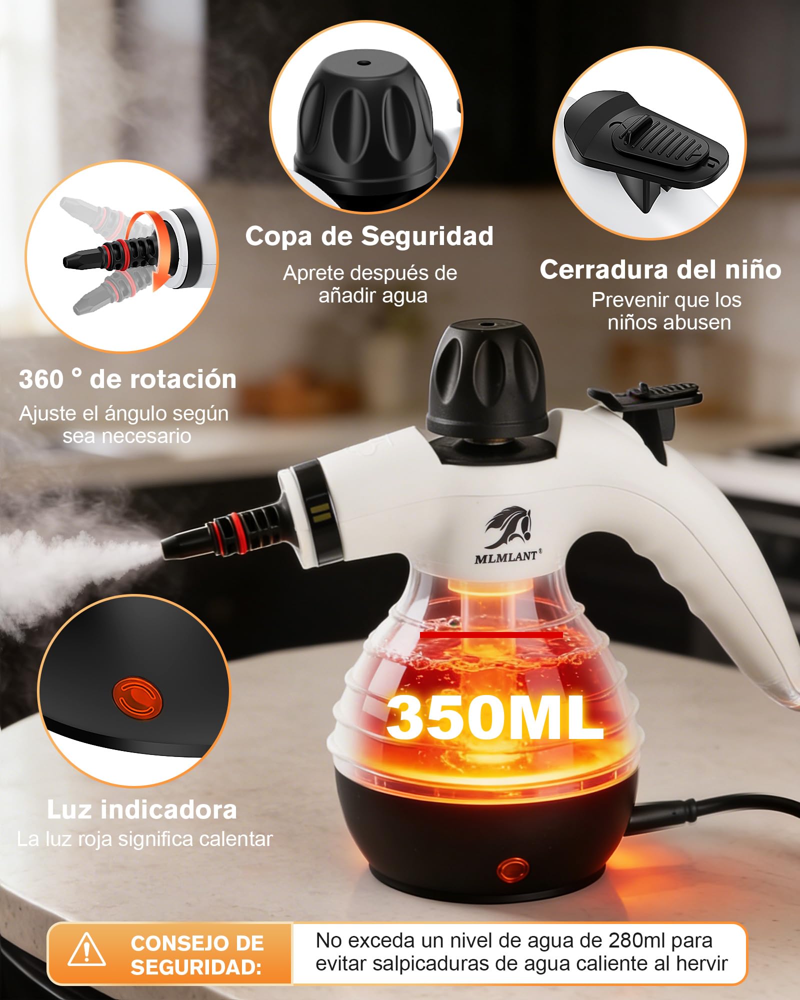MLMLANT Limpiador de vapor, limpiador de vapor portátil con cerradura de seguridad y juego de 10 accesorios, ideal para alfombras, asientos de coche, sofás, ventanas, tapizados y mucho más