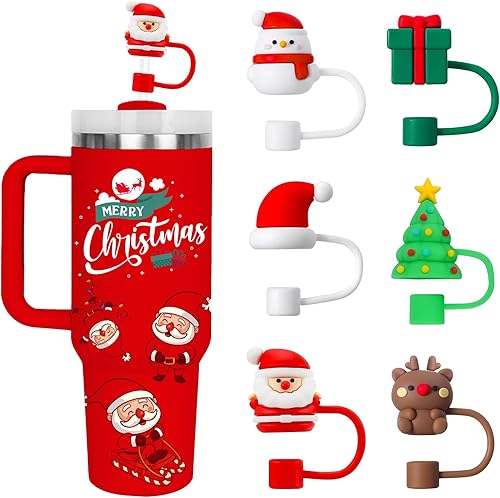6 tapas de paja de Navidad para copa Stanley, tapa de paja para regalos de Navidad, popote de silicona para vaso Stanley de 30 y 40 onzas con asa,
