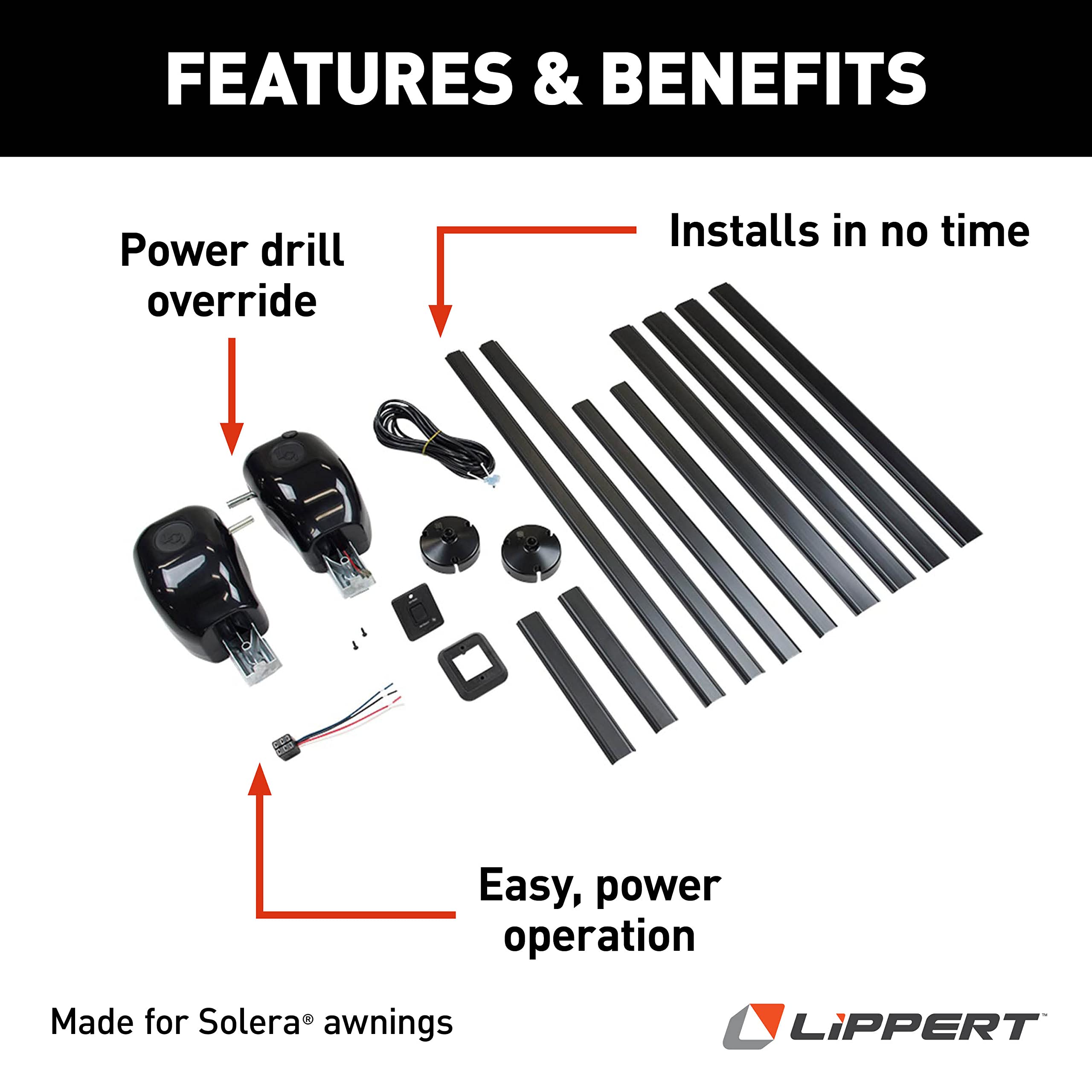 Solera Pull-Style Manual-to-Power RV Awning Conversion Kit for 5th Wheel RVs, Travel Trailers and Motorhomes, Automatically Extends or Retracts Awnings - 323949
