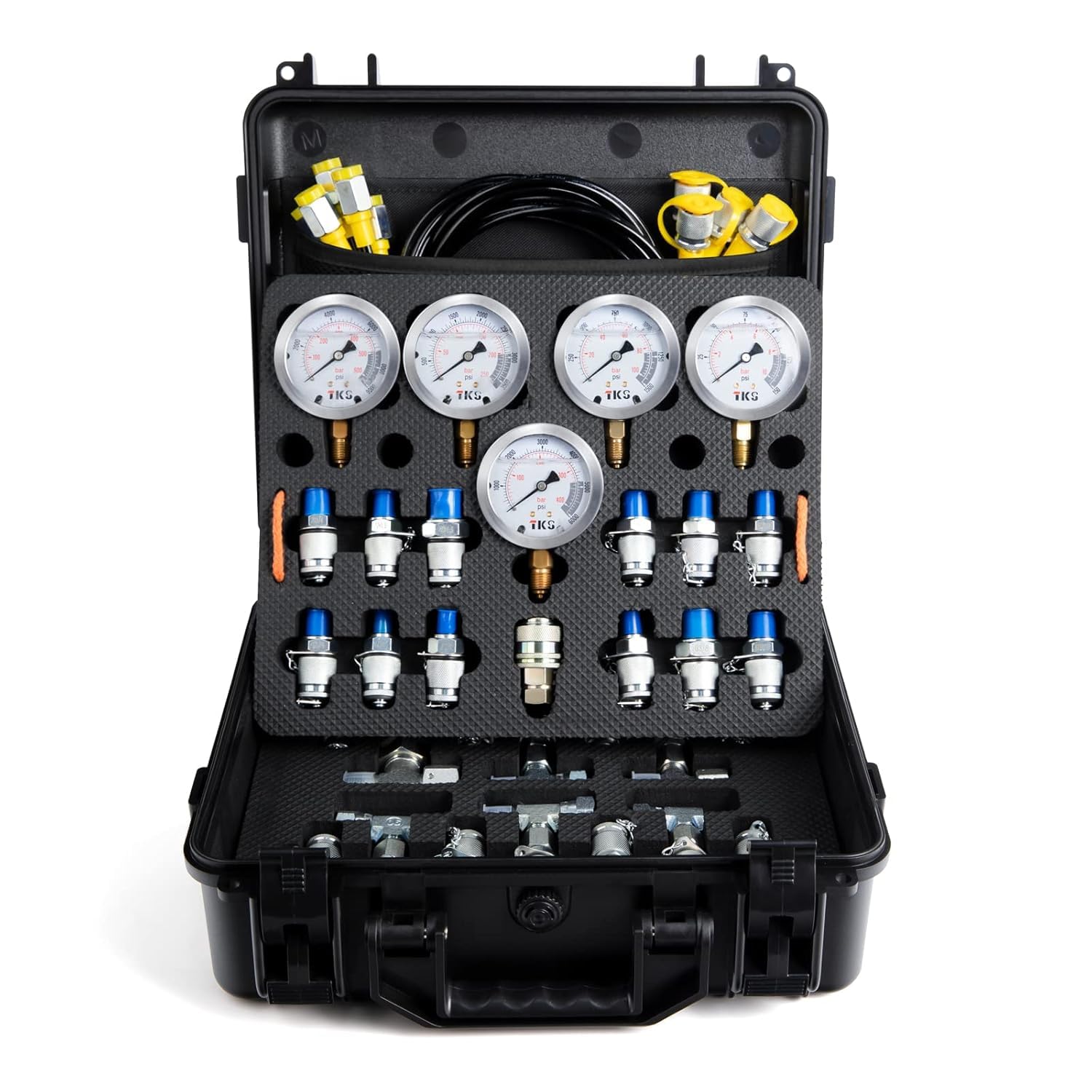 Kit de prueba de presión hidráulica, 600 bar/8700 psi/60 mpa, 5 calibres, 13 acoplamientos de prueba, 14 conectores en T, 5 mangueras de prueba, kit de manómetro hidráulico, funda de transporte