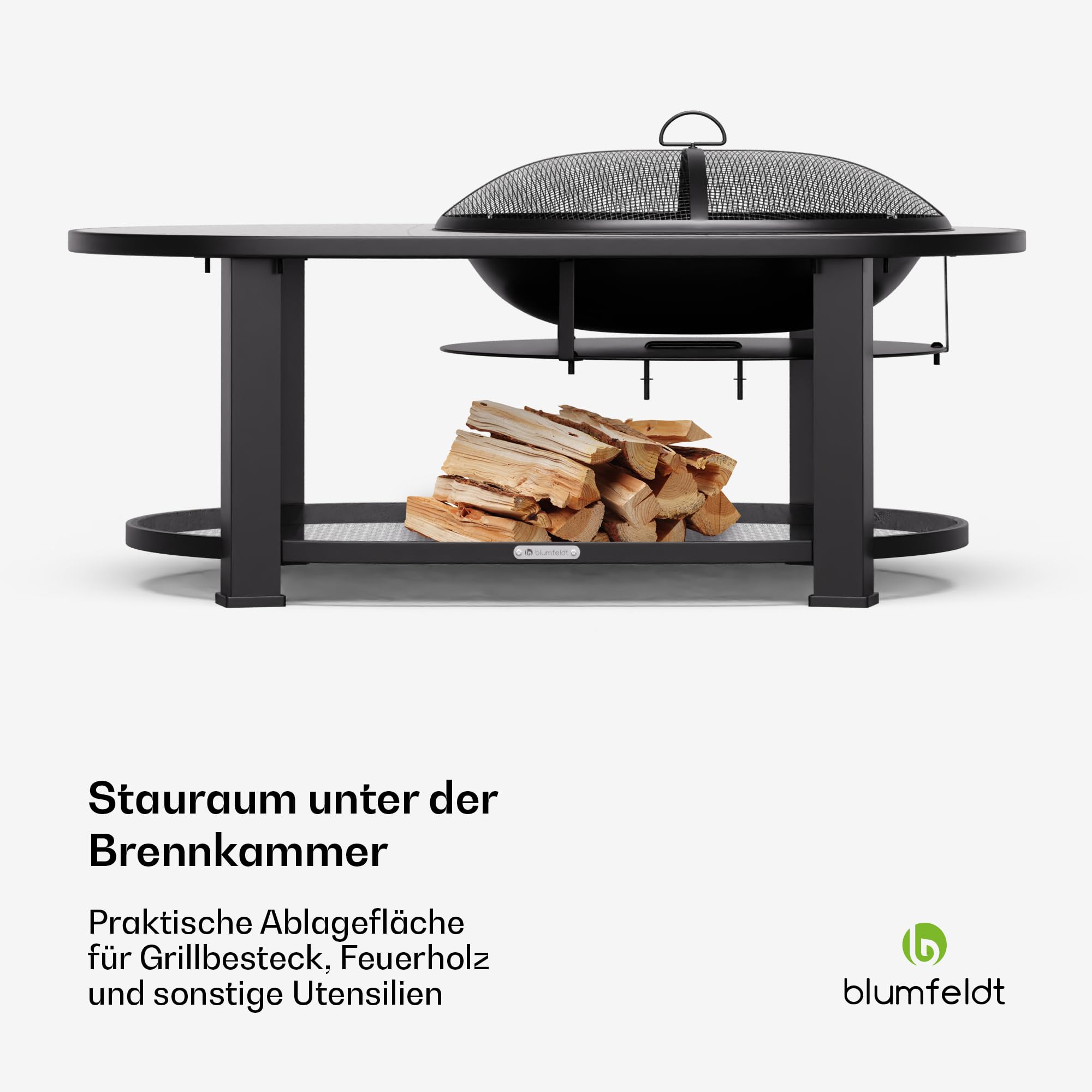 Blumfeldt Merano Circolo L Feuerschale - 3-in-1 Feuerschale mit Grillrost & Tisch, robuster Stahlrahmen, Terrazzo-Tischplatte, inkl. Funkenschutz, Schürhaken & Deckel, für Garten & Terrasse