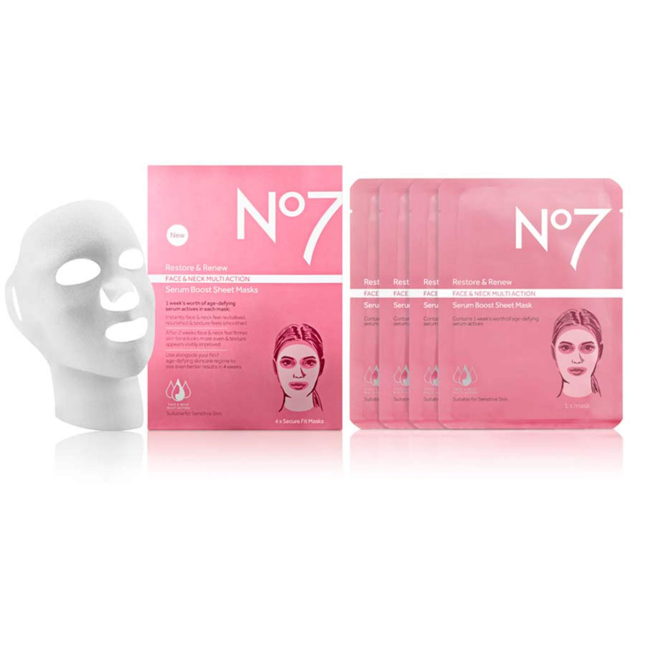 No 7 Restore and Renew Face and Neck Multi Action Serum Boost Sheet Masks - 4 count