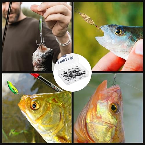 Miniatura 6 de FishTrip Anzuelos agudos de pesca, color negro, 25 piezas, ganchos triples de acero de alto carbono afilados, ganchos de pesca de repuesto en