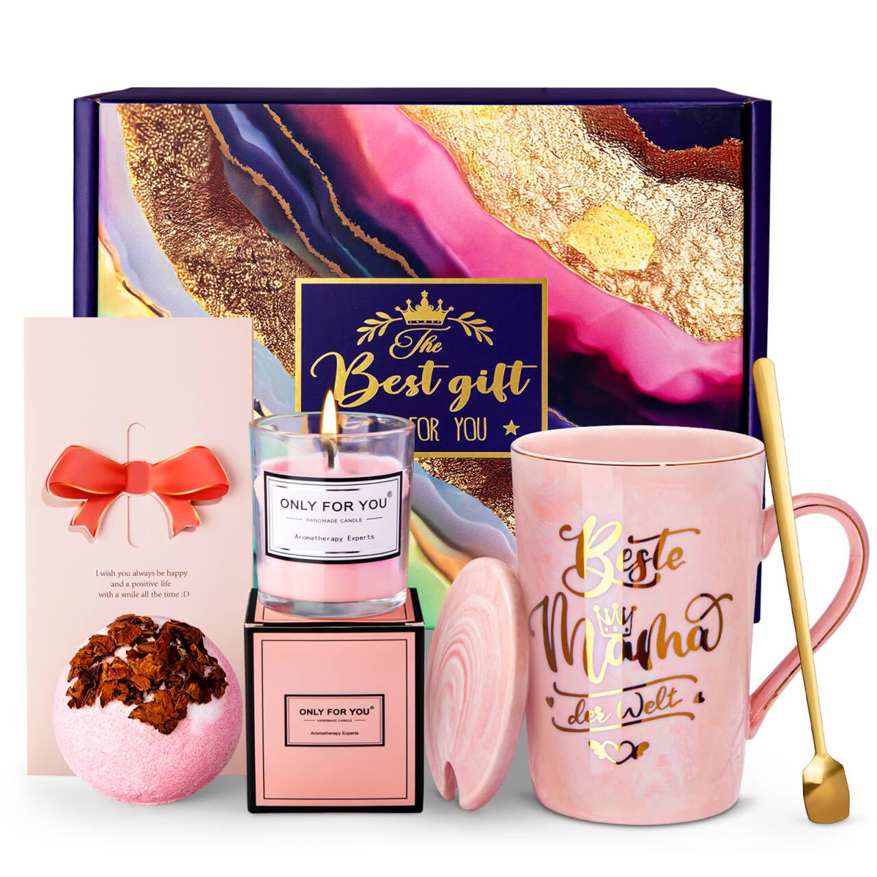Muttertagsgeschenk Geburtstagsgeschenk für Mama, Mutter Geschenk Becher Muttertag, 14 Oz Rosa Marmor Kaffeetasse mit Duftkerze, Rose Badebomben, Grußkarte, Schöne Geschenkbox, Mama Geschenk Set