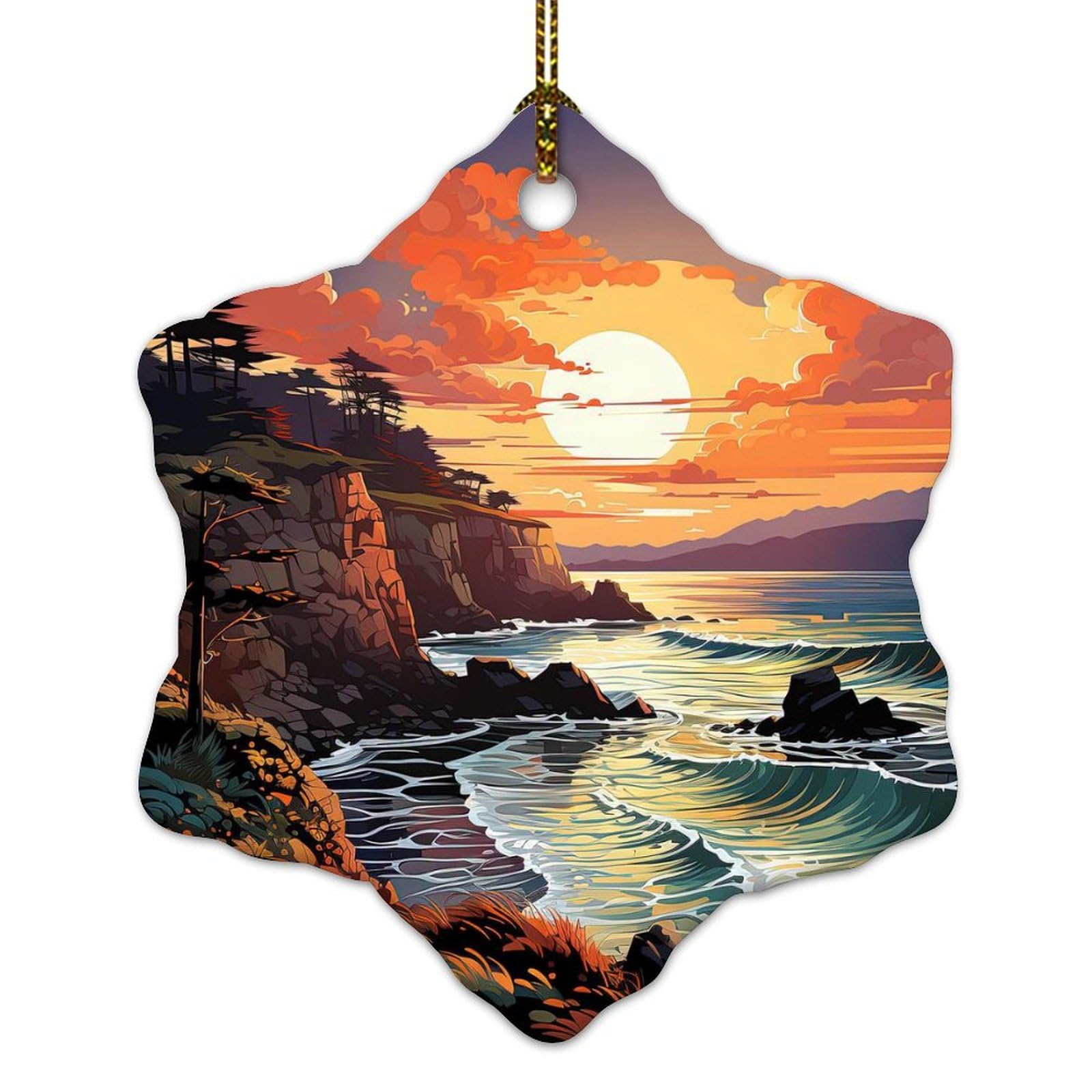 Big Sur California Christmas Tree Ornament Mountain Landscape Hanging Ornaments Xmas Tree Decoration Farmhouse Ceramic Double Sided Christmas Bauble Present for Neighbor Friends