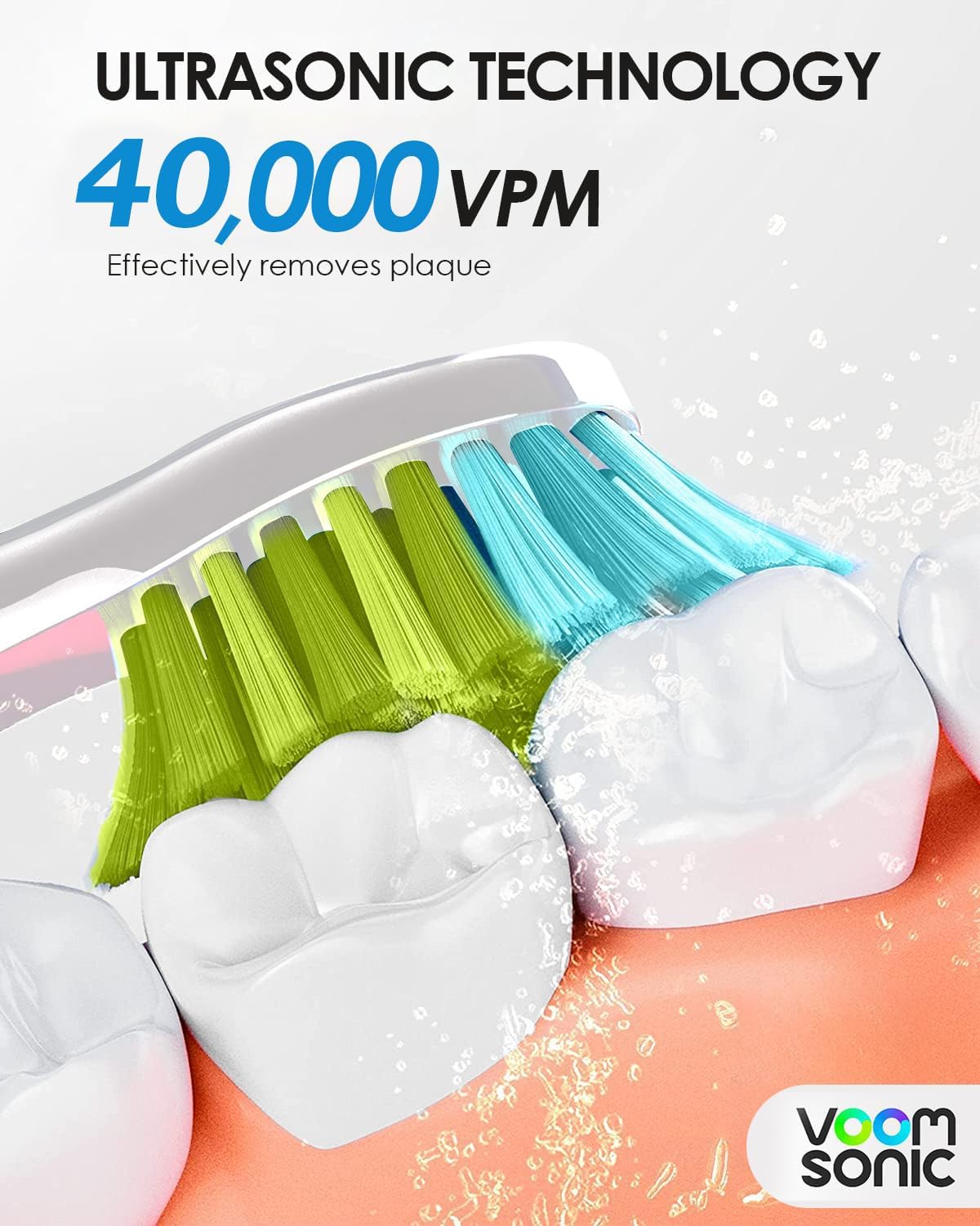Voom Sonic Pro 3 Spazzolino elettrico ricaricabile con setole morbide in nylon Dupont consigliato dal dentista per l'igiene orale portatile, timer di 2 minuti, 3 velocità regolabili, design leggero