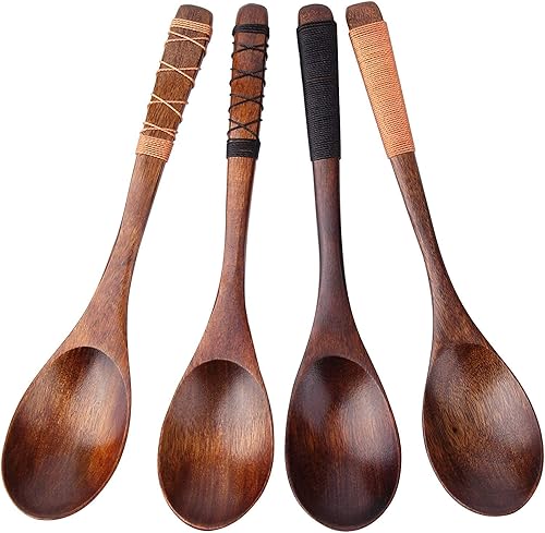 Cucharas de sopa de madera de estilo japonés hechas a mano con línea atada en el mango