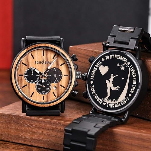 Miniatura 2 de BOBO BIRD - Relojes de madera grabados personalizados para hombre elegantes relojes de pulsera de cuarzo que combinan madera y acero inoxidable,