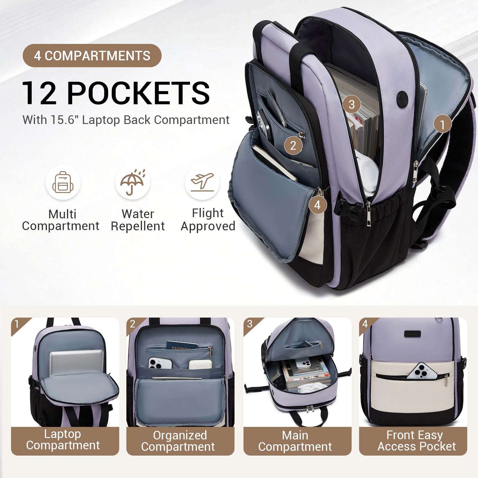 KONO Zaino Donna Porta PC 15,6 Pollici, Impermeabile, Grande Capacità con Tasca Porta Borraccia, Zaino per PC Portatile per Lavoro, Università e Viaggio (Viola/Beige)