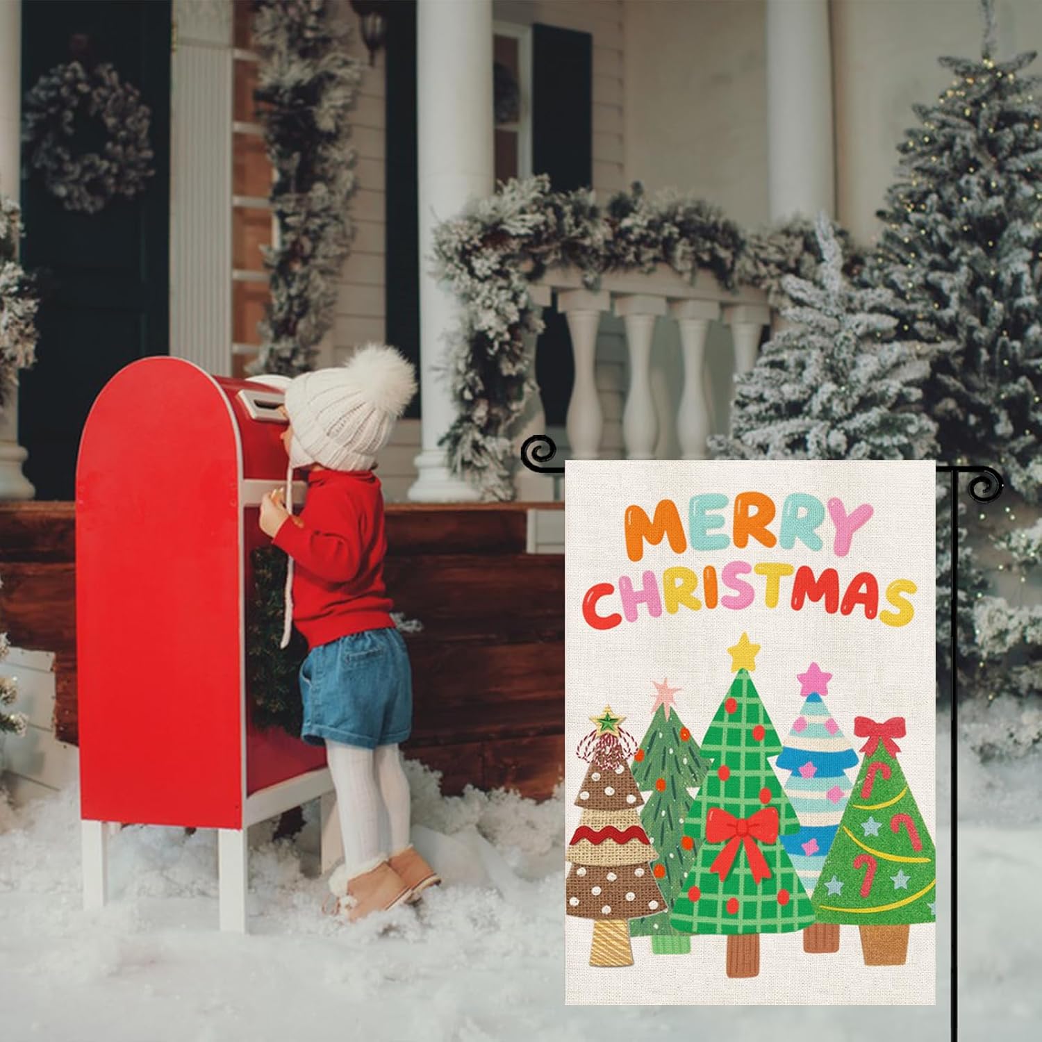 Merry Christmas Garden Flag,12x18 Inch Double Sided Outside Garden Flag, Cartoon Christmas Tree Snowflake Winter Holiday Yard Outdoor Decorative Flag for Outesid - Image 6