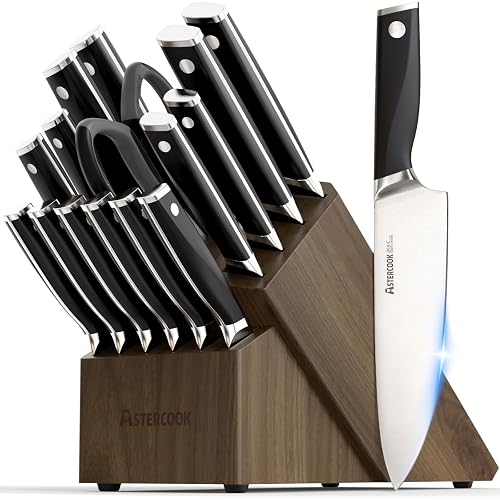 Astercook Knife Set, Kitchen Knives Set with Block and Sharpener Full Tang 17 Pcs German Stainless Steel Knives Sharp Blade Dishwasher Safe Premium Knife Set, Black Father Day Gifts for Men