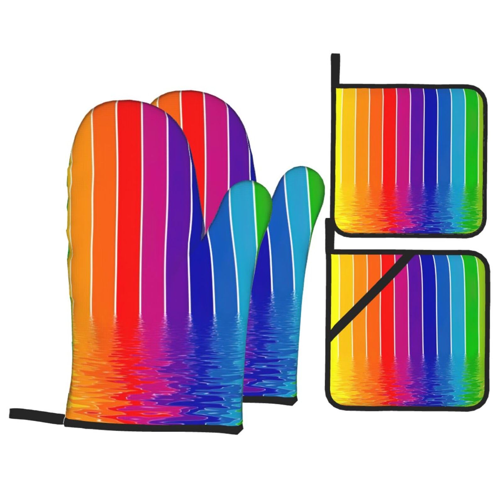 Rainbow Striped Print 4-Piece Heat-Resistant Oven Waterproof Kitchen Gloves Cooking Roasting Essential