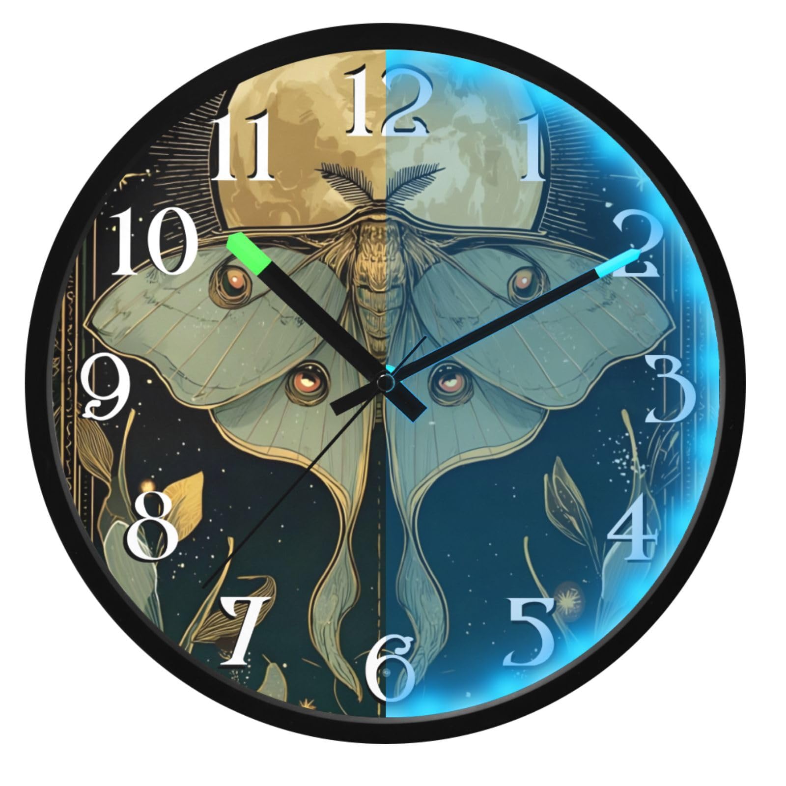 Mnsruu Reloj de pared luminoso con diseño de luna, luna, hoja verde, funciona con pilas, silencioso, brilla en la oscuridad, para sala de estar, cocina, 12 pulgadas