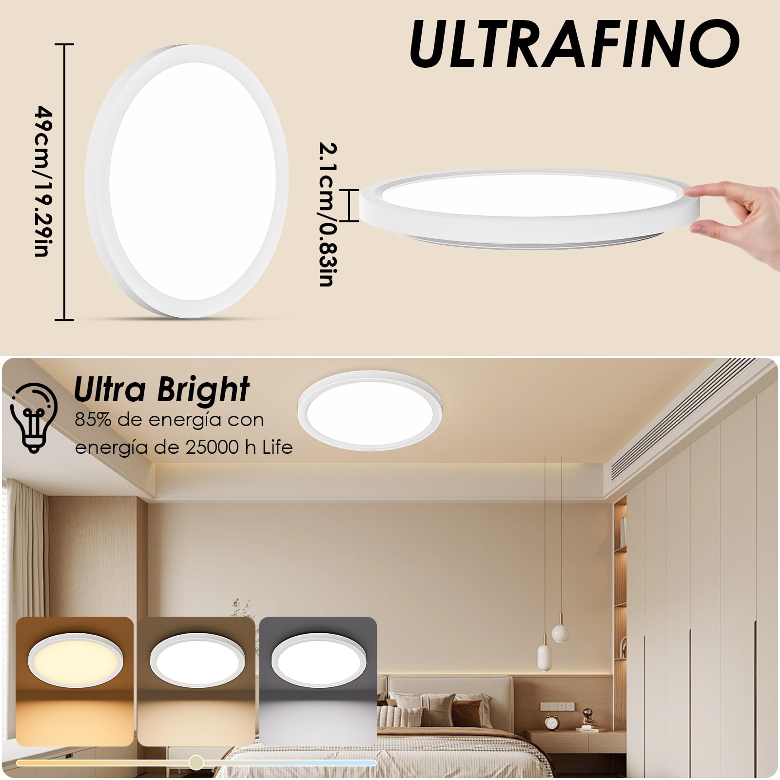 Lampara Techo 46W, Plafon Led Techo 3000K, 4000K, 6500K, 3000LM, IP44 Impermeable, Moderno Y Sencillo, Delgada Lámpara de Techo para Sala de Estar, Baño, Dormitorio, Cocina 490 * 21mm