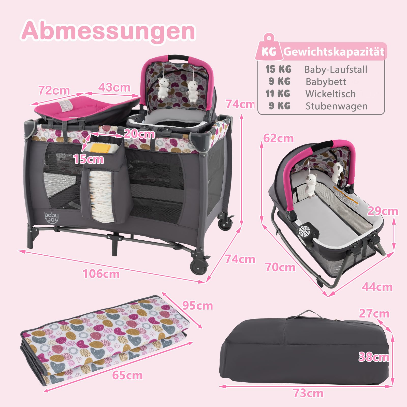 GOPLUS 5-in-1 Babybett, Beistellbett Baby mit Wickelauflage, Bremsrädern und Reisetasche, Musikbox mit Vibrationsfunktion, 2 hängende Spielzeuge, tragbares Reisebett mit Transporttasche (Rosa)