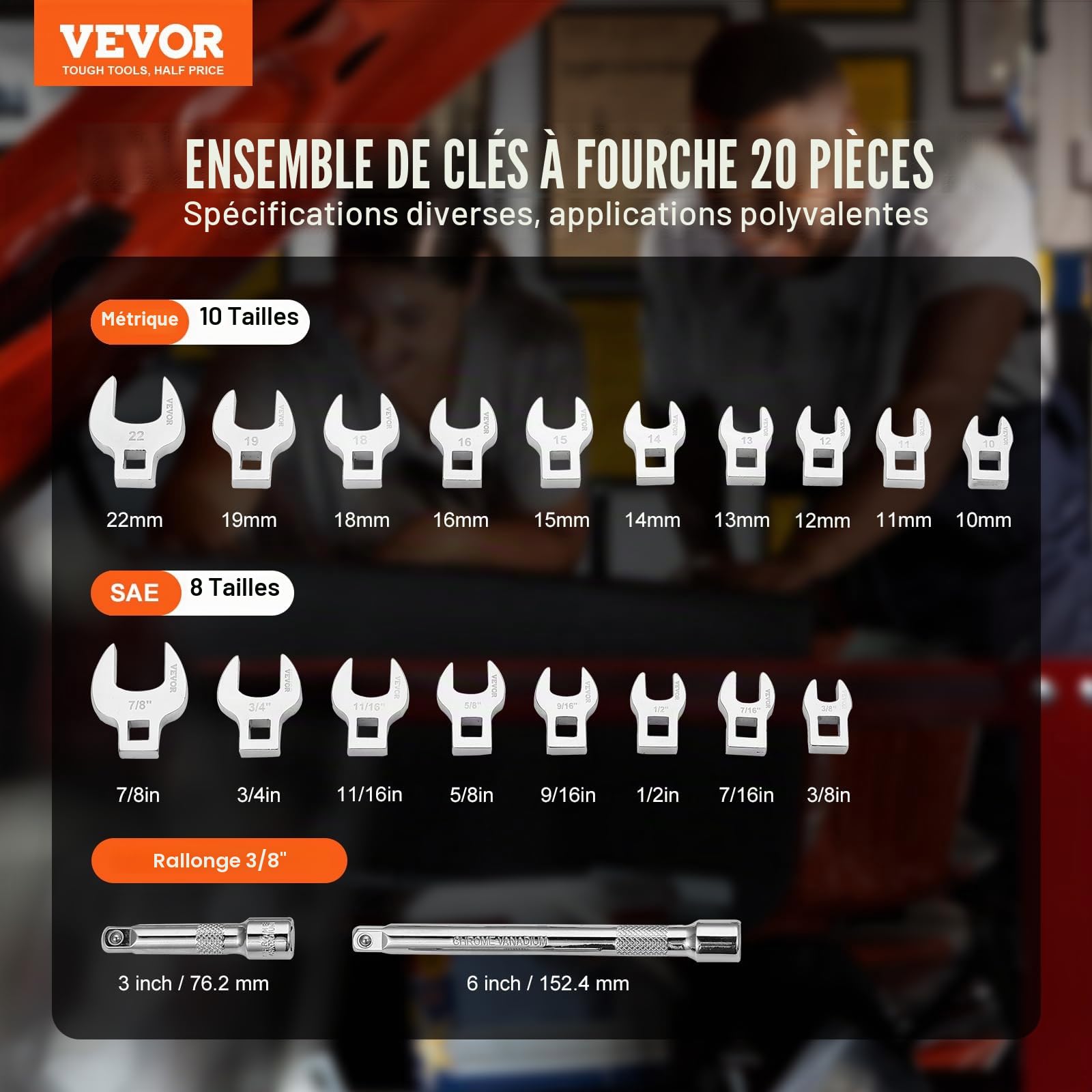 VEVOR Lot de 20 clés à pied de corbeau 3/8" 10-22 mm SAE 3/8-7/8" acier 40Cr avec barres d'extension