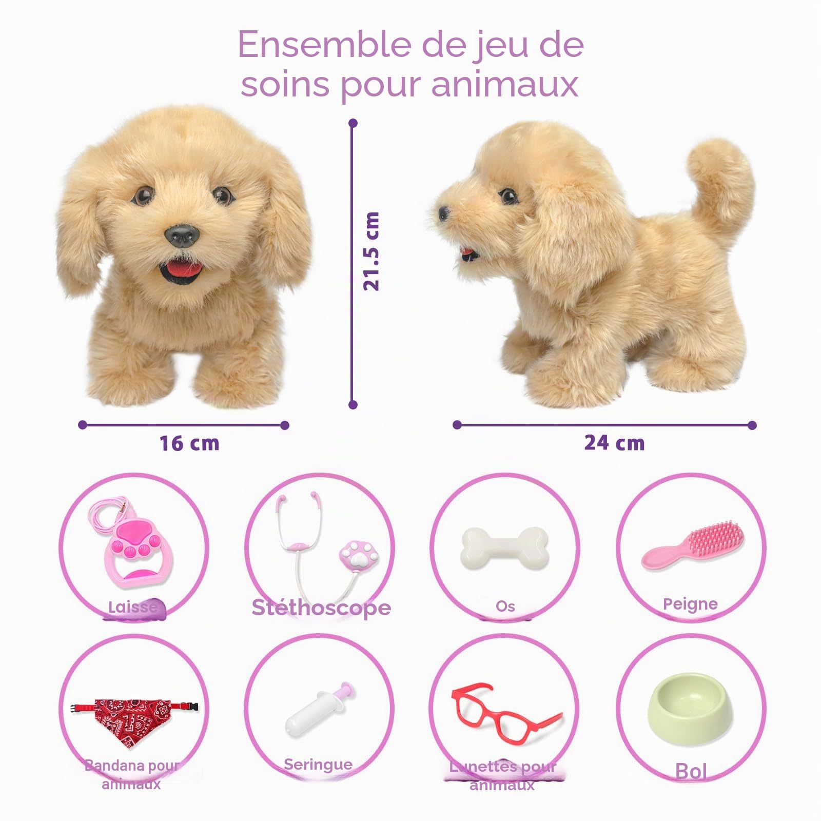 Golden Retriever Électronique Interactif Qui Marche et Aboie, Peluche avec Kit Vétérinaire & Laisse, Jouet Robot Chien Éducatif pour Enfants 3-7 Ans (Beige)