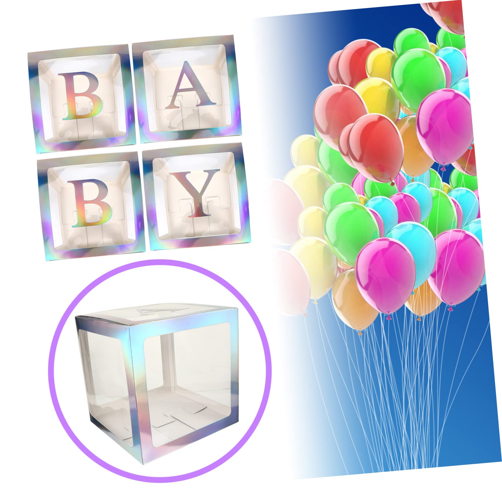 Babyparty Kasten aus Papier mit 4 Teilen und Silbernen Buchstaben | Transparentes Satz, für Kindergeburtstag und Shower, Quadratische Form, als Partydeko
