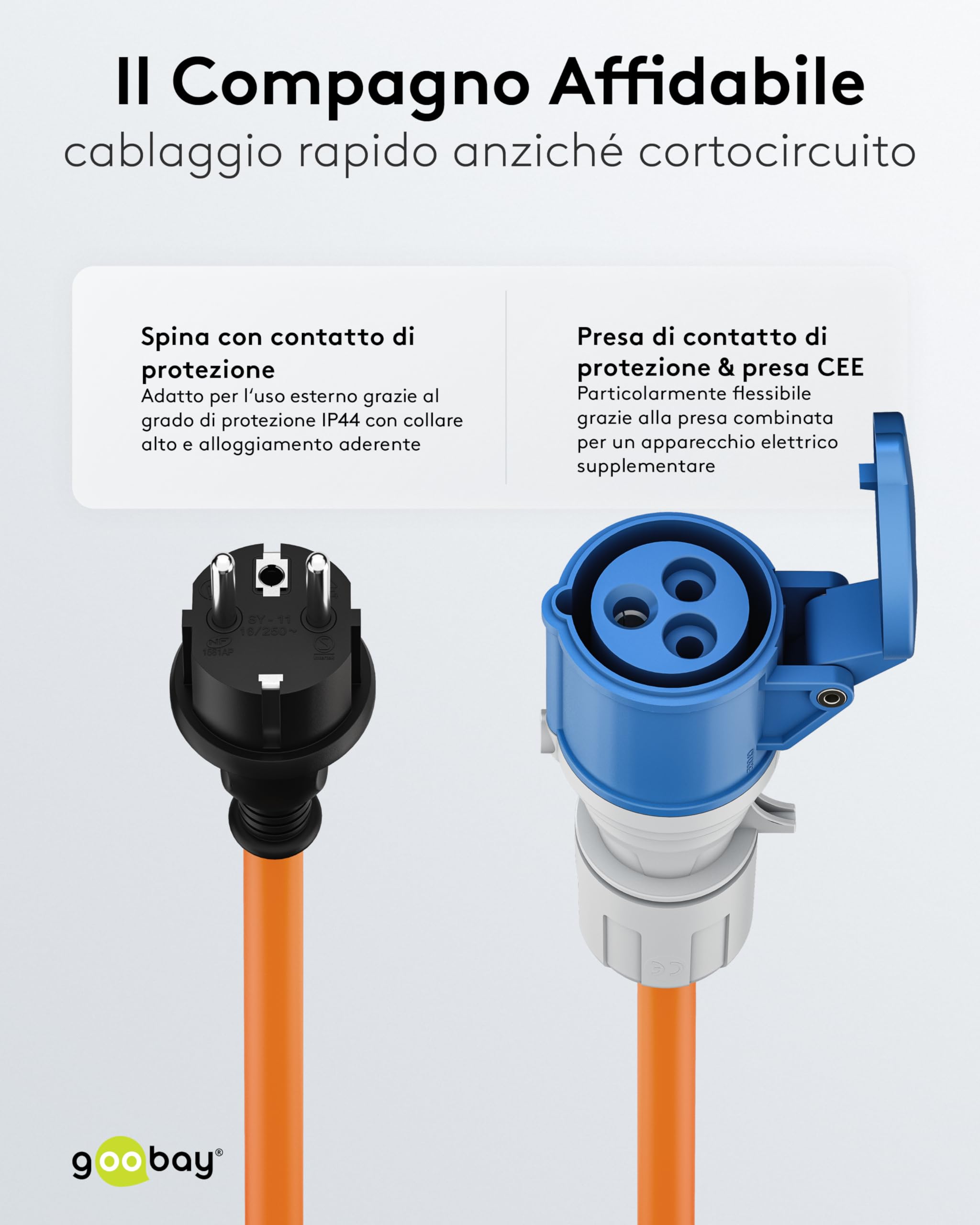goobay Cavo adattatore CEE per caravan, 5 m, spina con contatto di protezione a presa CEE con coperchio di chiusura, IP44, cavo da campeggio, camper e caravan, 76219