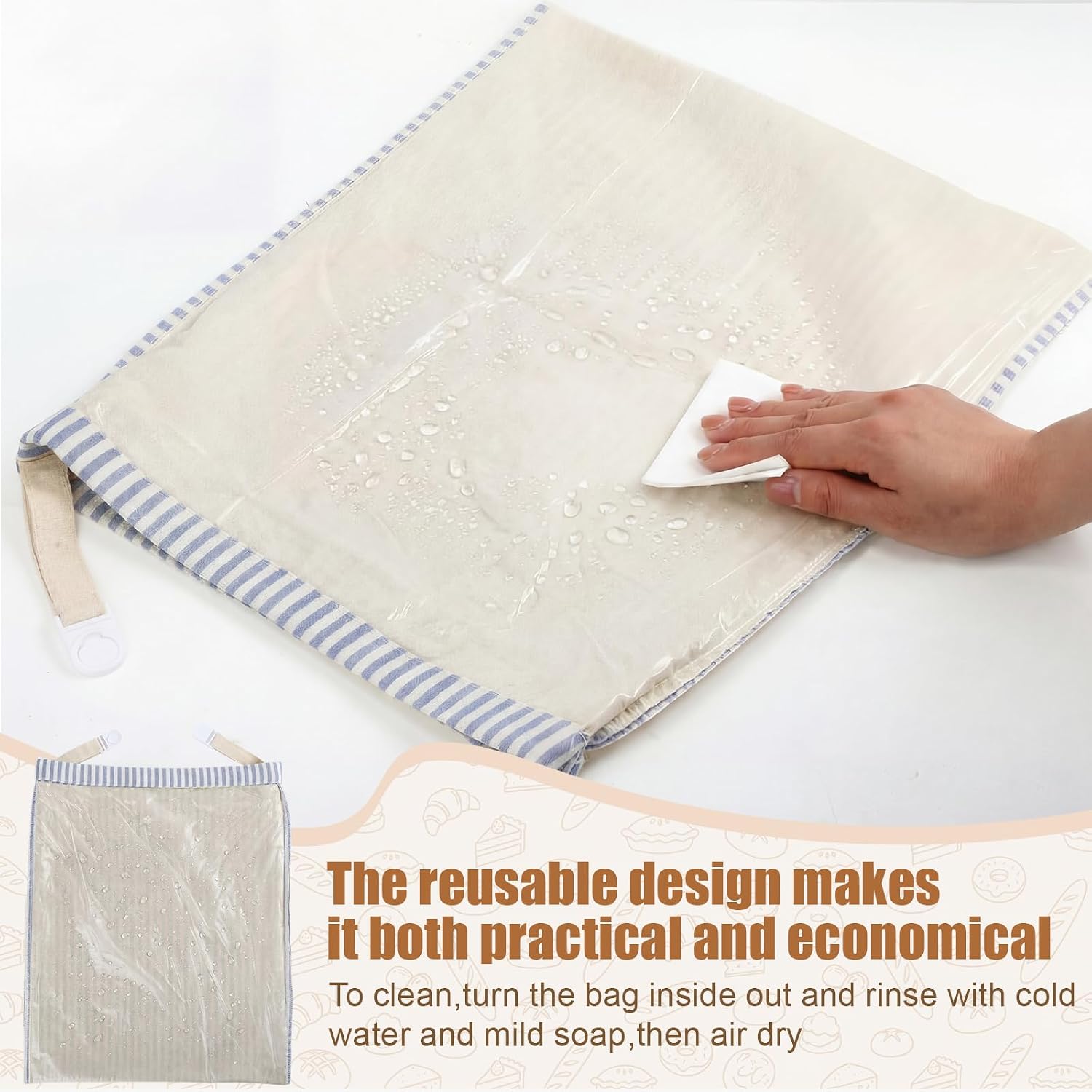 2 Pack Linen Bread Bag Set for Homemade Sourdough Container, Blue Stripes image 3