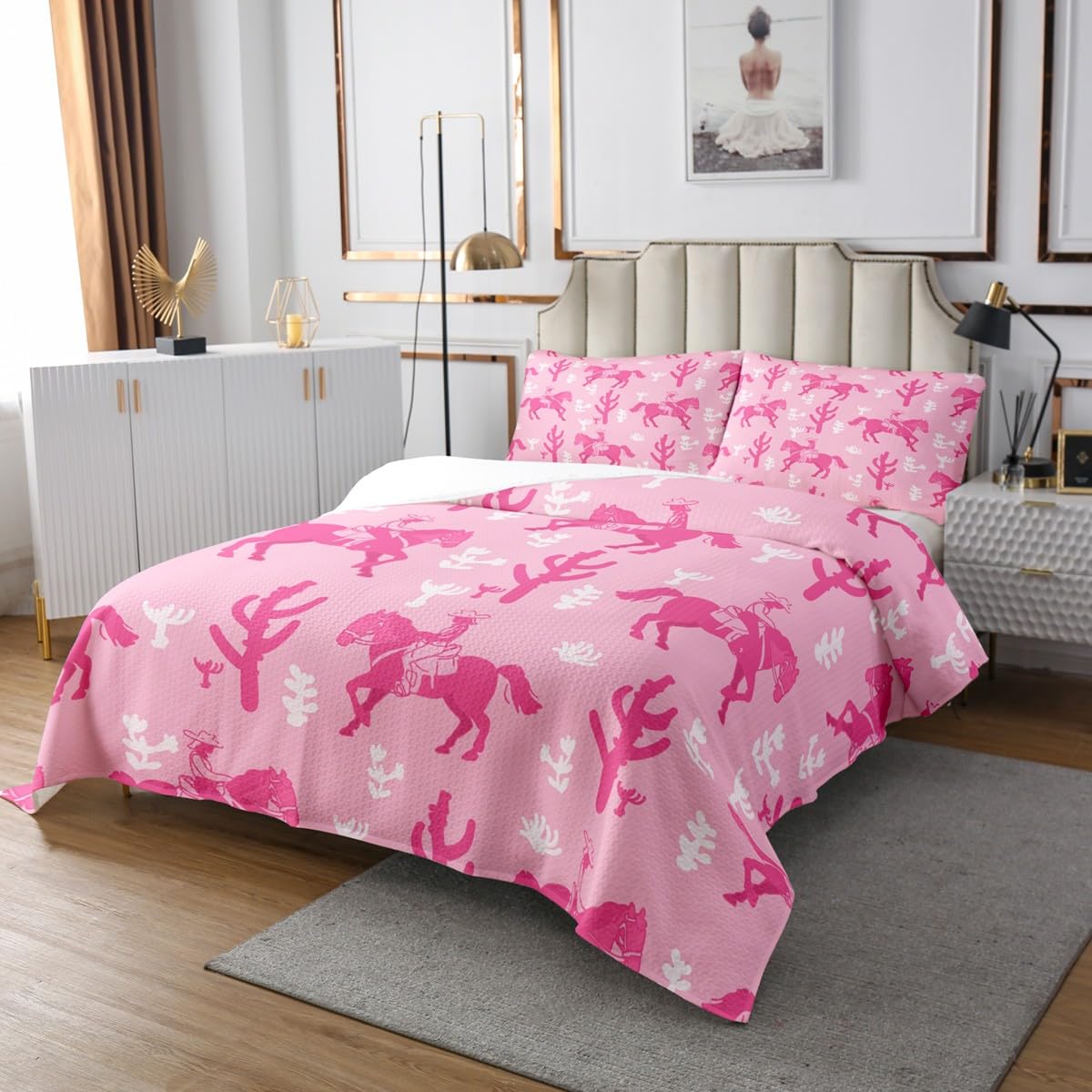 Cowgirl Western Bedspread Set Queen Size for Kids,Boys Girls Cactus and Horse Quilt Set Pink White Farm Coverlet Cowboy Bedspread 3 Piece Decorative Bedding Quilted with 2 Pillow Shams