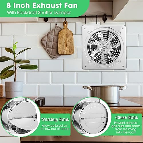 Miniatura 4 de Paquete de 2 extractores de cocina de 8 pulgadas, ventilador de escape de metal 760CFM, ventilación de garaje montado en la pared de 80 W,