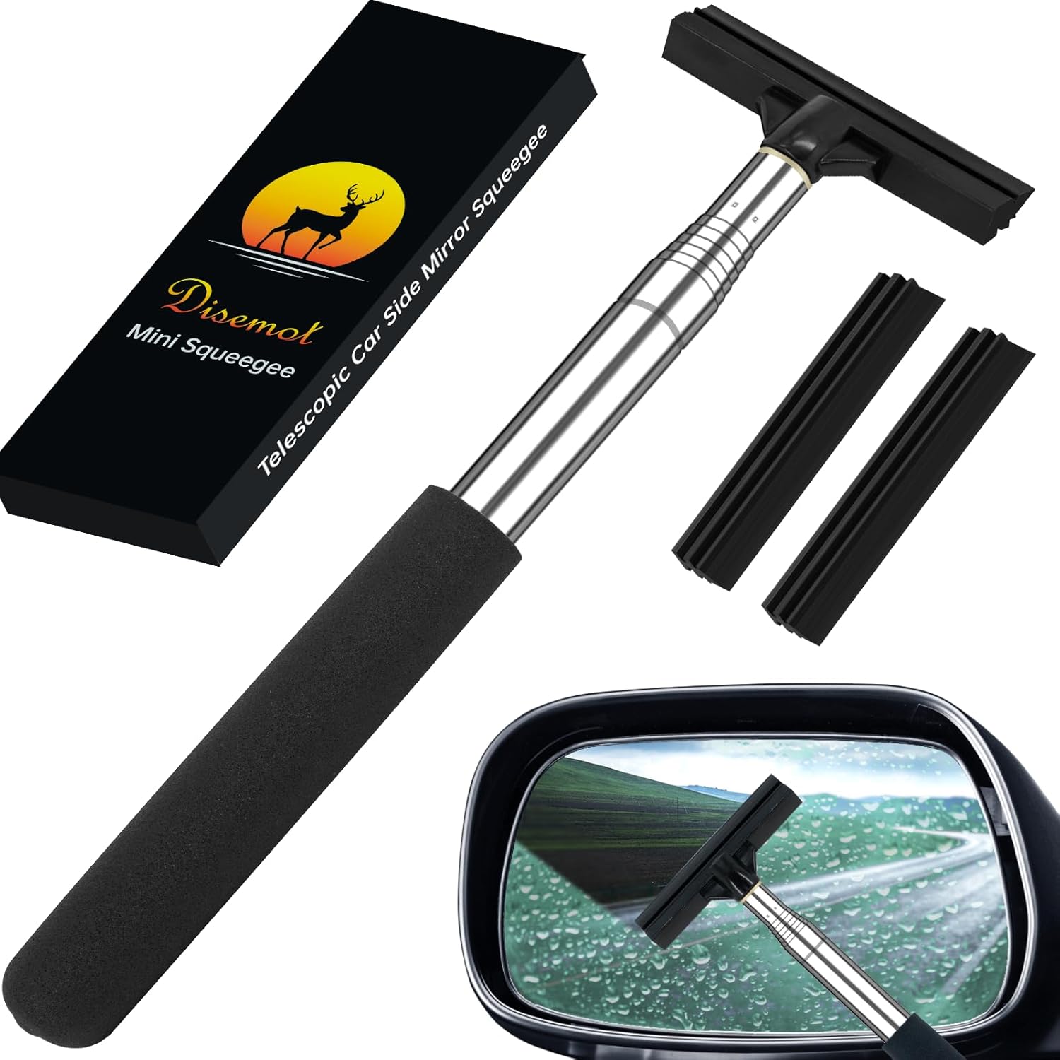 Car Side Mirror Squeegee, Metal Telescoping Mirror Squeegee Cleaner for All Vehicles