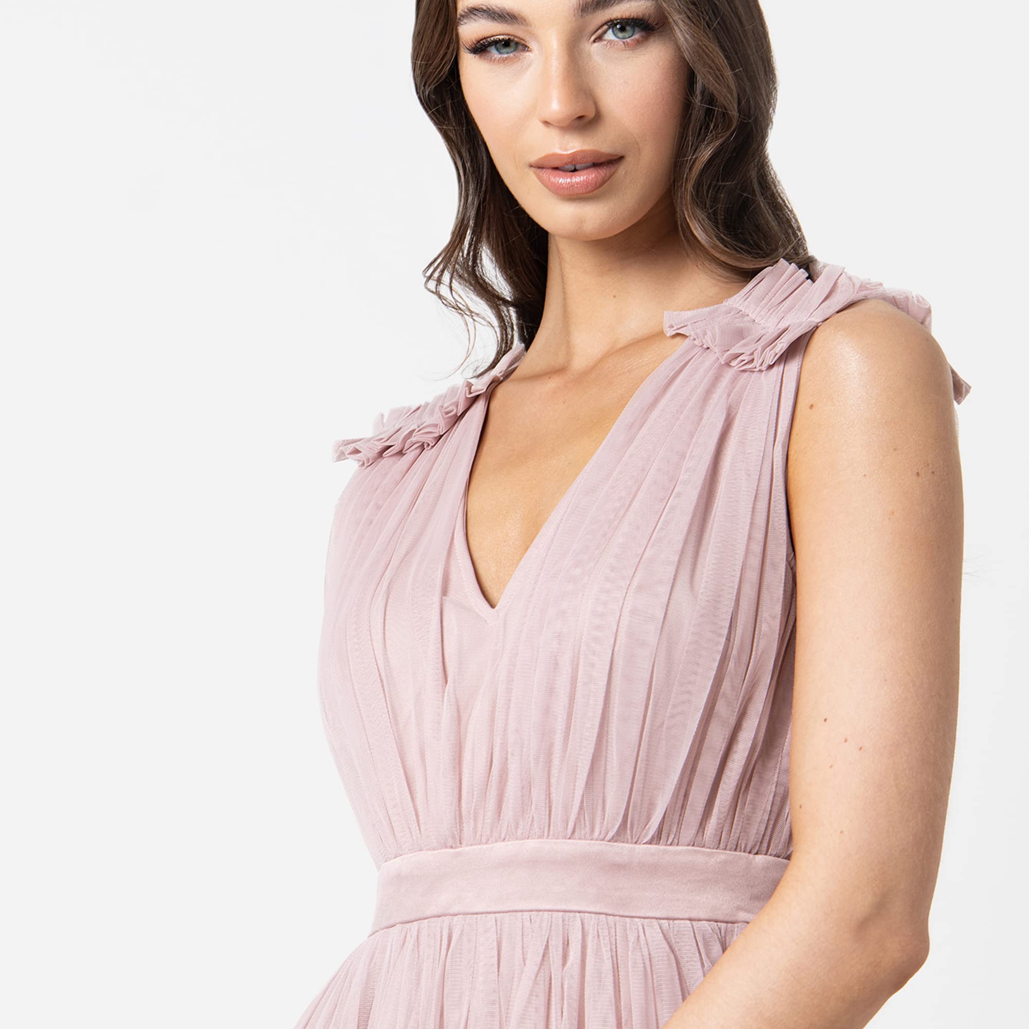Damen Maya Deluxe Women's Maxi With Ruffle V Neck Sleeveless High Empire Waist Long Prom Guest Weddi Bridesmaid Dress – Bild 3