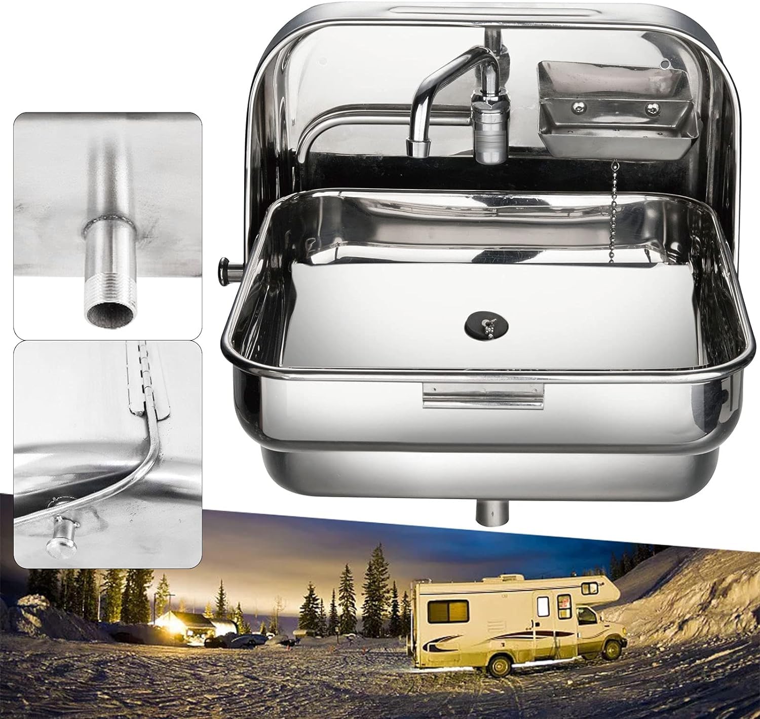 HYSOPSPX Foldable Stainless Steel Sink with Faucet for RV, Camper, Boat Hand Washing