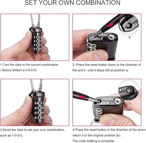 Miniatura 8 de ZHEGE Cerraduras de cable aprobadas por la TSA flexibles, bolsa de cierre de viaje, cerradura de combinación de equipaje de 4 dígitos con indicador